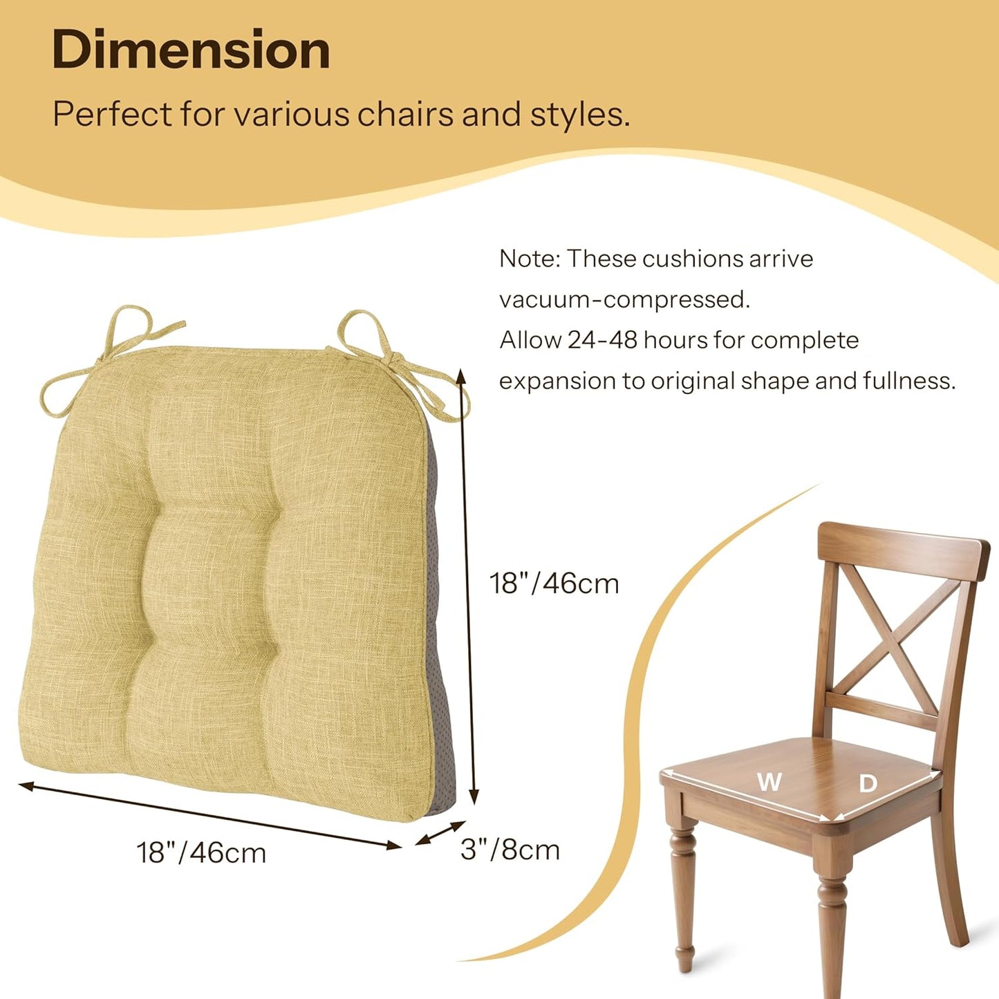 Non Slip Chair Cushions for Dining Chairs Set of 4 Kitchen Chair Cushions 18"x18"x3" Turfted Chair Pads Comfortable and Soft Seat Cushion with Ties, Yellow