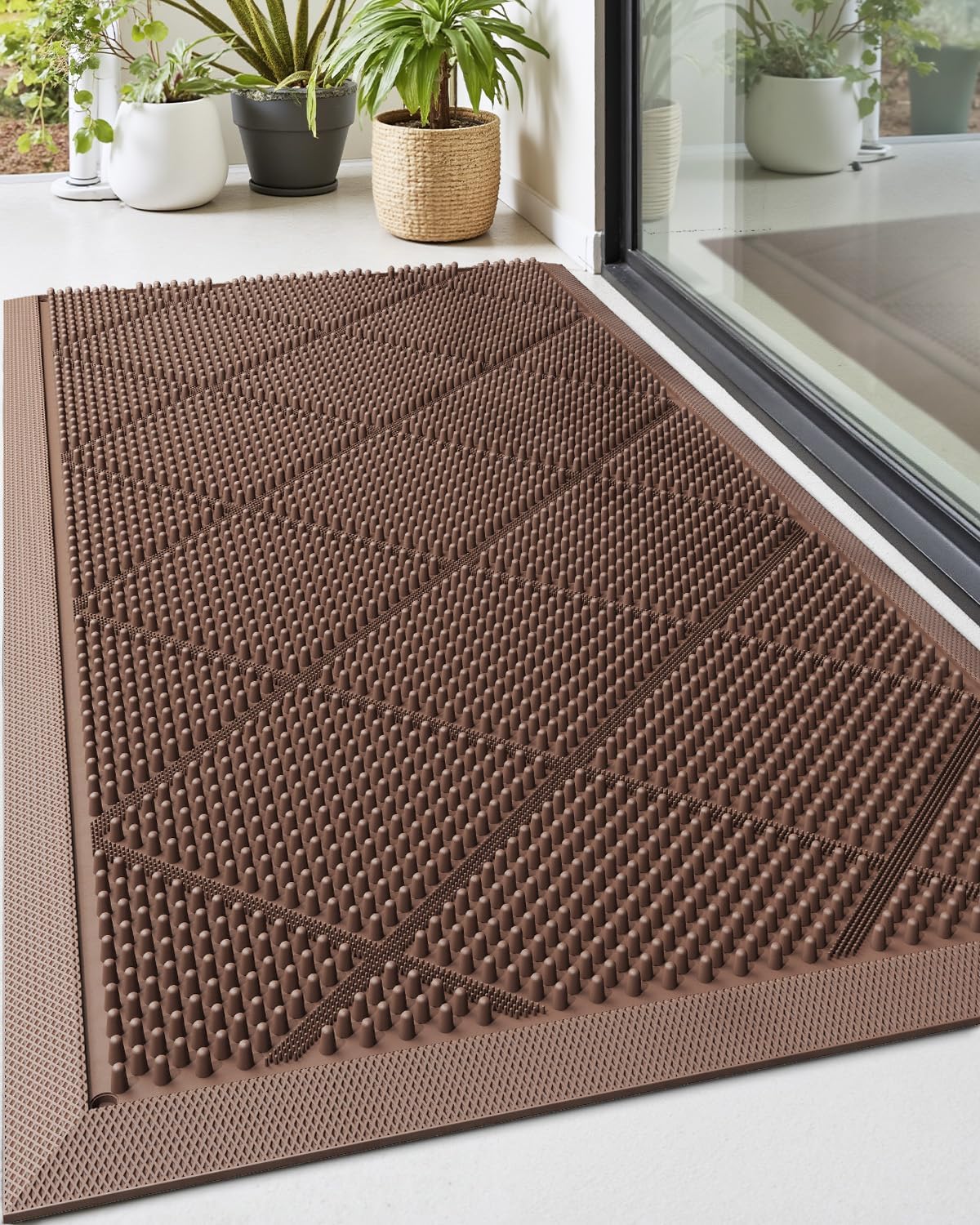 DEXI Front Door Mats Outside Entrance, 17x36 Rubber Waterproof Dirt Trapping Entry Mat for Entryway, Heavy Duty Non-Slip Low-Profile Welcome Doormat All Weather for Patio, Brown