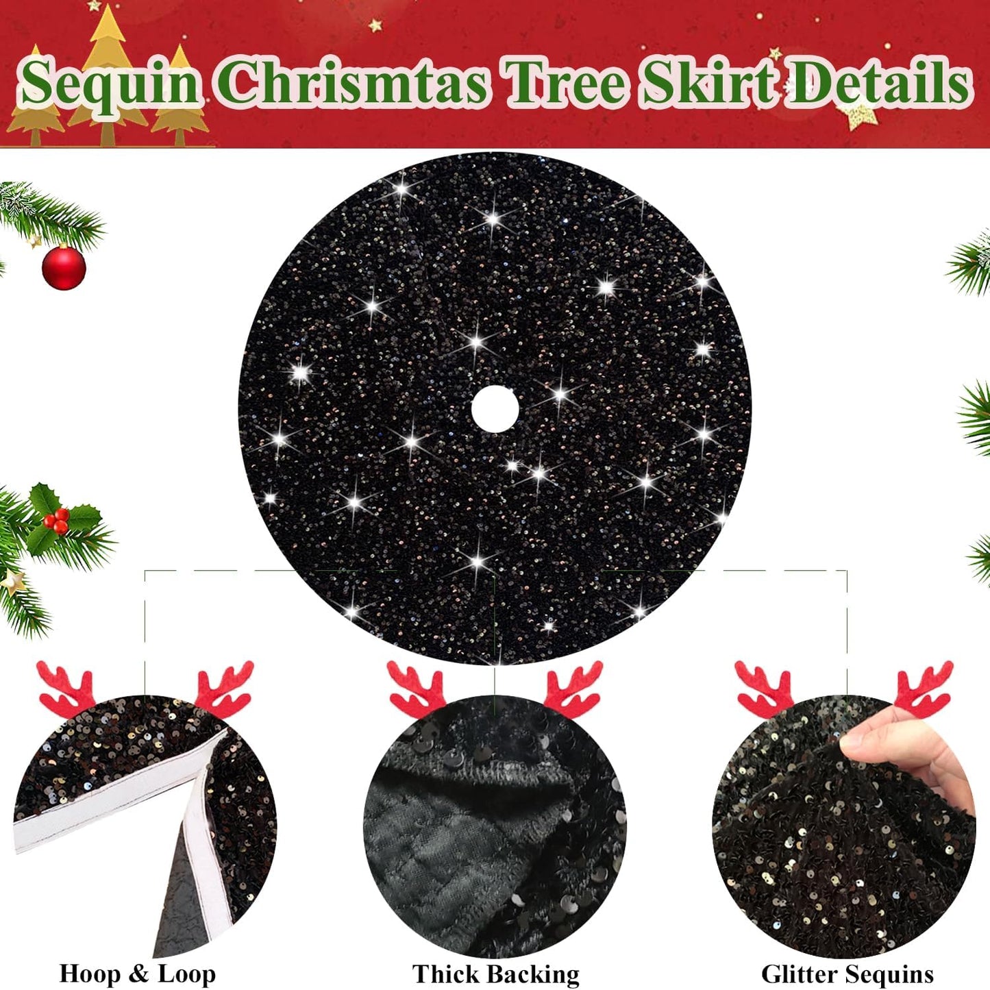 Black Tree Skirt Christmas 21 Inch Decorated Sequin Tree Skirt Velvet Xmas Tree Mat Soft Thick Tree Cover Base Sparkling Small Skirt for Artificial Trees Halloween Supply for Home Family Decorations