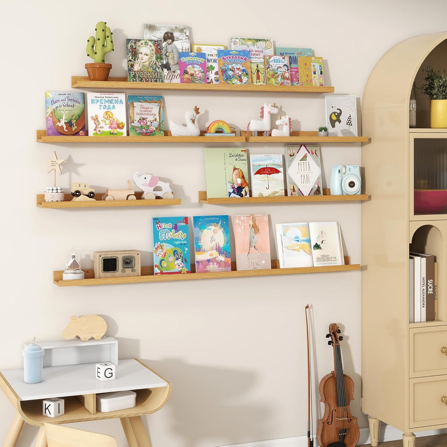 Fun Memories Picture Ledge Shelves Set of 2, 32 Inch Rustic Wall Mounted Floating Shelves with Lip for Home Storage and Décor in Bathroom, Kitchen, Nursery, Bedroom, Living Room, Oak