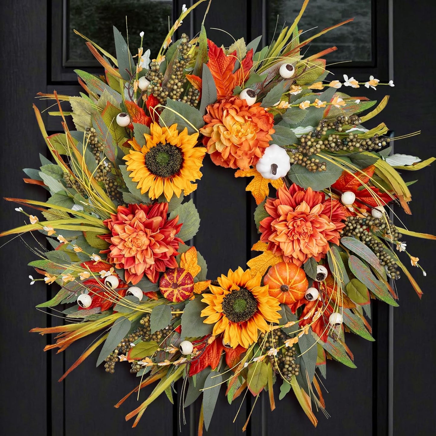 Fall Wreaths for Front Door 24 Inch Fall Wreath with Pumpkins, Sunflowers & Berries – Outdoor Autumn Wreath for Porch, Thanksgiving, Halloween & Harvest Decor