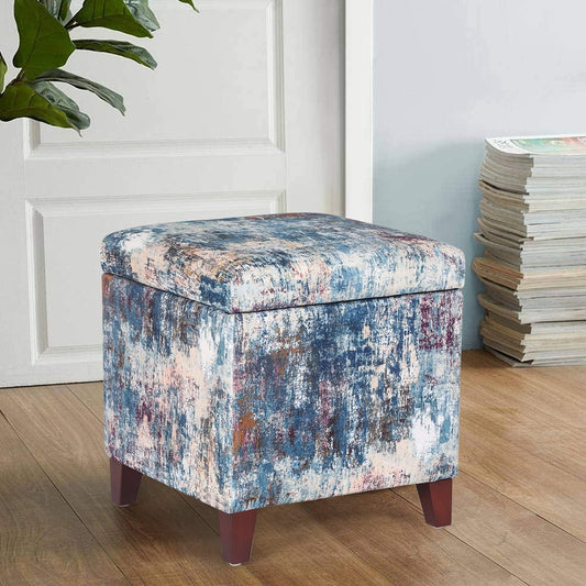 Adeco 18 Inch High Cube Ottoman Storage, Linen Chair Foot Stools, Upholstered Vanity Stool with Hinged Lid, Solid Wood Legs