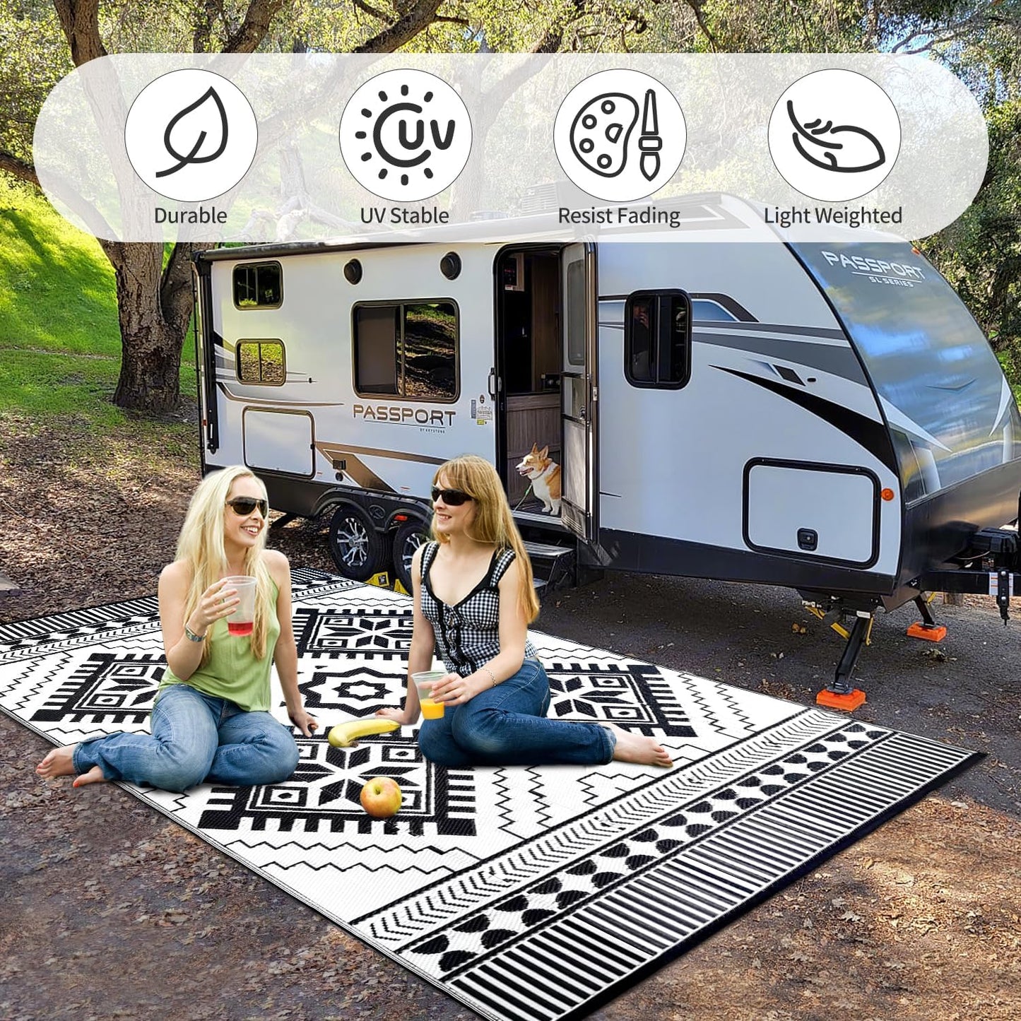 Waterproof Outdoor Rug 8x10ft, Boho Reversible Plastic Straw Mat for Patio RV Deck Porch Backyard Balcony Camping Picnic Beach Indoor Outdoor Carpet, Black&White