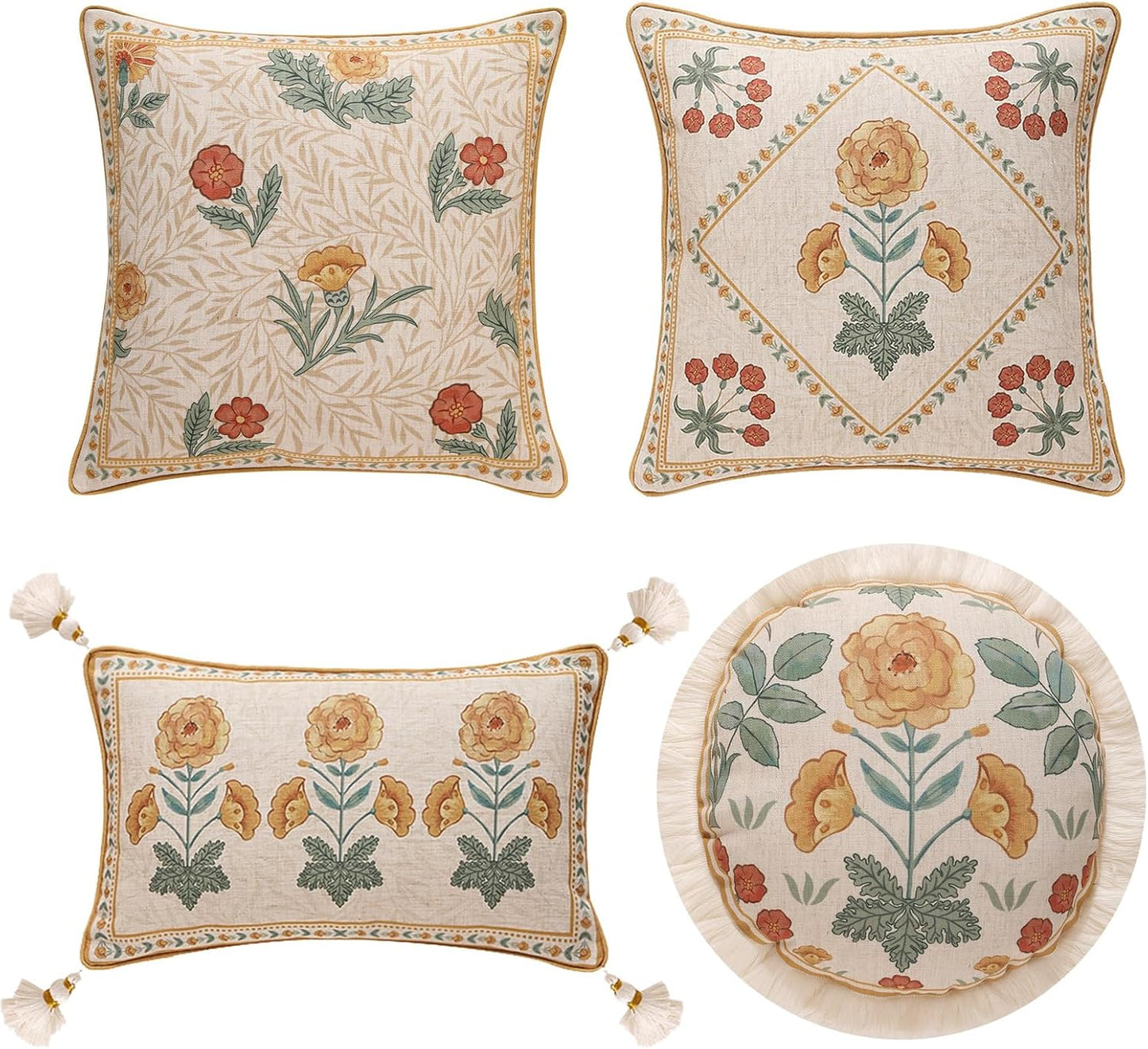 patdrea Designer Pack of 4 Throw Pillow Covers,Beige Vintage French Soft Linen Pillows Cover with Daisy Floral Pattern,Vintage Square Farmhouse Decorative Pillowcase for Couch,Bed,Living Room
