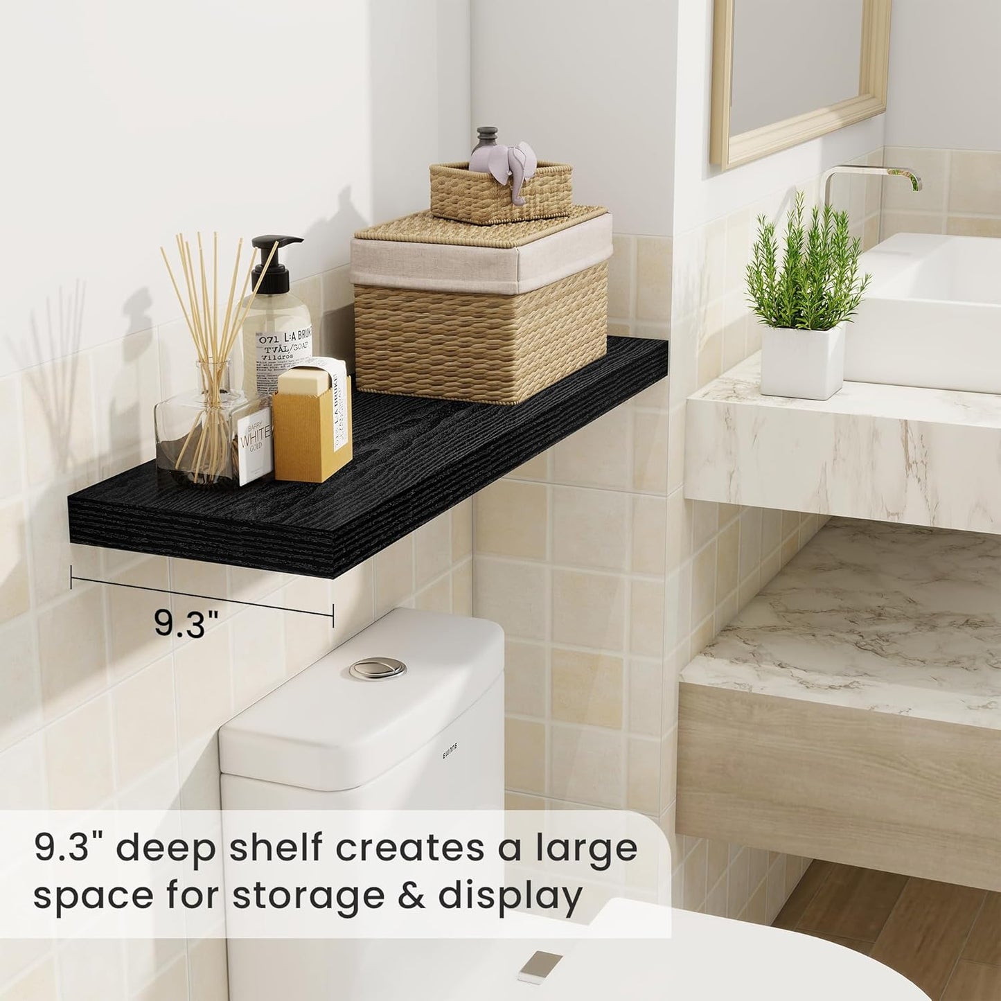 Fun Memories Floating Shelves for Wall, 32 Inch Rustic Wood Wall Mounted Shelves for Bathroom, Bedroom, Kitchen, Living Room, Deep Floating Shelves for Storage & Home Decor (Black, Set of 2)