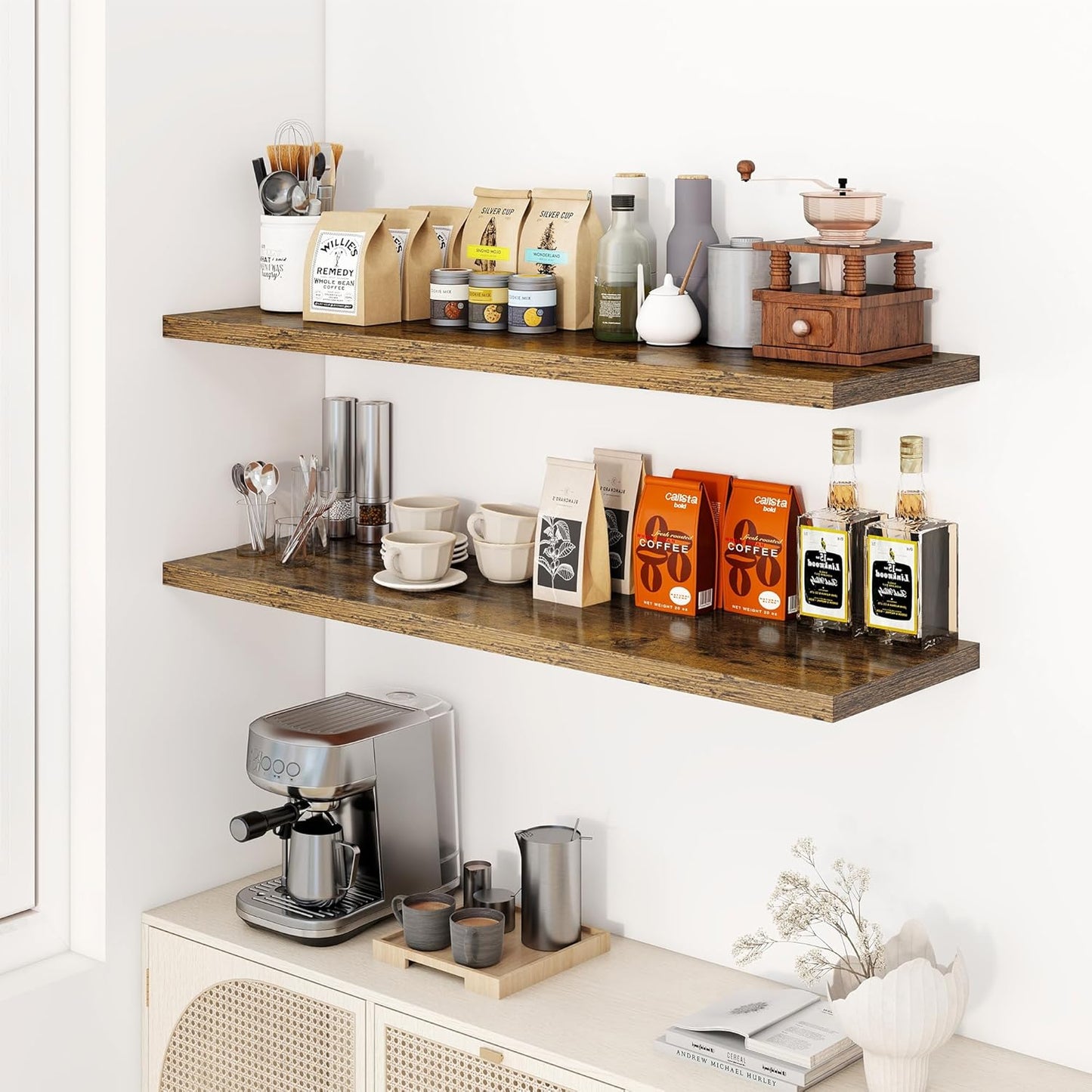 48" Floating Shelves for Wall, 12" Deep Slim Rustic Brown Floating Shelves, Wall-Mounted Shelves for Bedroom, Living Room, Kitchen, Bathroom - Set of 2