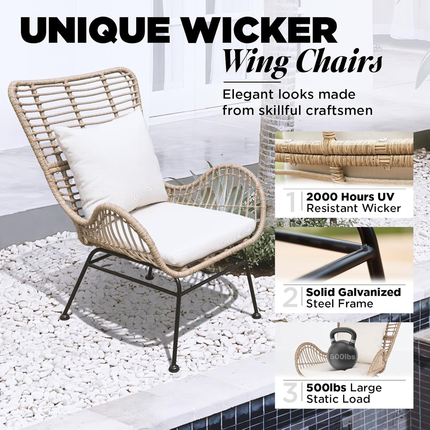 IDZO Isabelle Wicker Chairs Set of 2, 2000 Hours UV Wicker Rattan Chair, 500lbs Capacity Boho Patio Chairs with Thick Olefin Cushions and Pillows for, Indoor Use