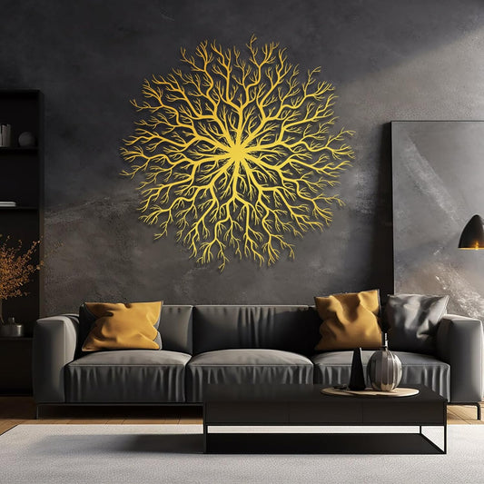 Tree of Life Metal Wall Art, Metal Tree Wall Art, Large Round Sculpture, Round Branch Wall Decor, Large Branch Artwork, Nature Sign, Wall Decor for Living Room, Housewarming Gift (Gold, 28"x28"|70x70cm)