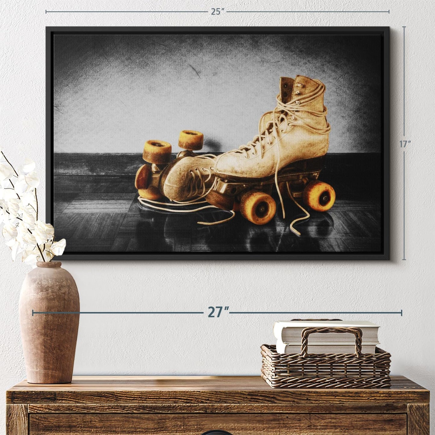 ElephantStock Vintage Skates Pop Wall Art - Horizontal Framed Canvas - 1-Piece Living Room Wall Decor - Sport Photography Canvas Print - Beige and Black Decor for Wall - 25" X 17"