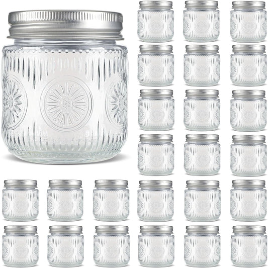 Mason Jars 8 oz - Vintage Small Glass Mason Jars with Silver Metal Lids, Regular Mouth Canning Jars, Safe For Storage, Canning, Pickling, Preserving, Fermenting, DIY Crafts & Decor (24Pack)