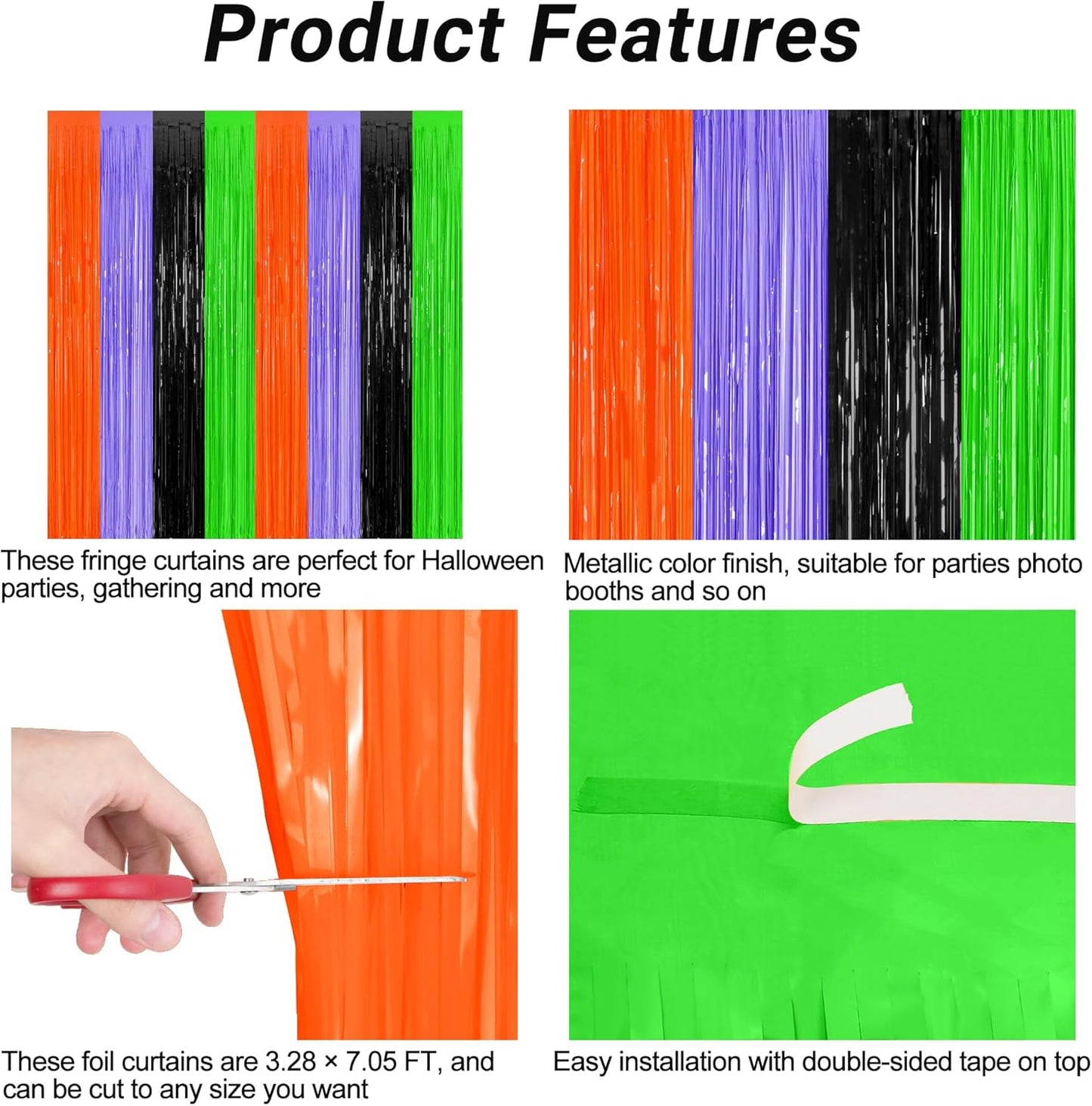 2 Pack Halloween Backdrop, 3.28 FT x 7.05 FT Orange Purple Black Green Party Streamer, Metallic Foil Curtains Tinsel Backdrop, Halloween Party Decorations Photo Props for Door Wall