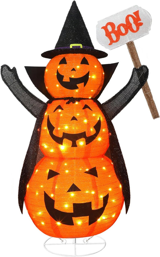 Halloween Decoration 4.3FT Retractable Jack-O-Lantern, 100 LED Collapsible Pumpkin Lantern with Black Star Hat, Plug in Halloween Lights with Stand for Indoor Outdoor Lawn Backyard Garden Decor