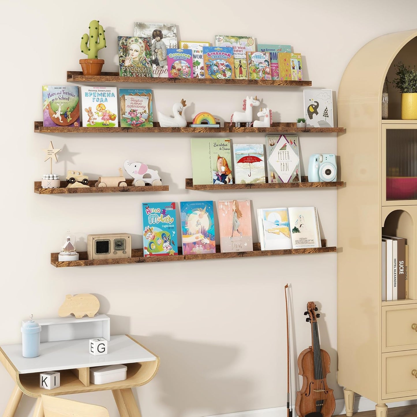 Fun Memories Picture Ledge Shelves Set of 2, 48 Inch Rustic Wall Mounted Floating Shelves with Lip for Home Storage and Décor in Bathroom, Kitchen, Nursery, Bedroom, Living Room, Brown