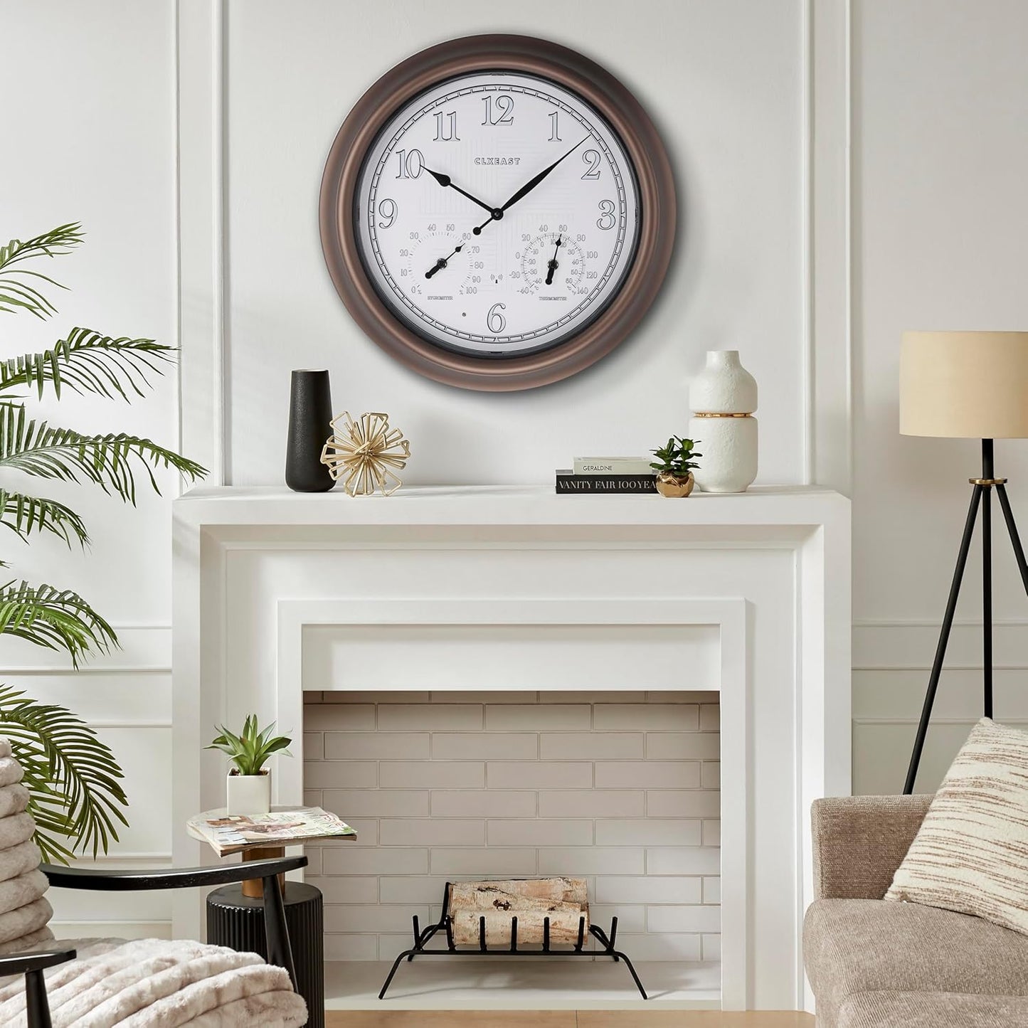 CLXEAST 18 Inch Illuminated Outdoor Indoor Atomic Analog Wall Clock with Temperature & Humidity, Lighted Outdoor Clocks for Patio Large Waterproof with Thermometer,Bronze Finish,House Warming Gifts