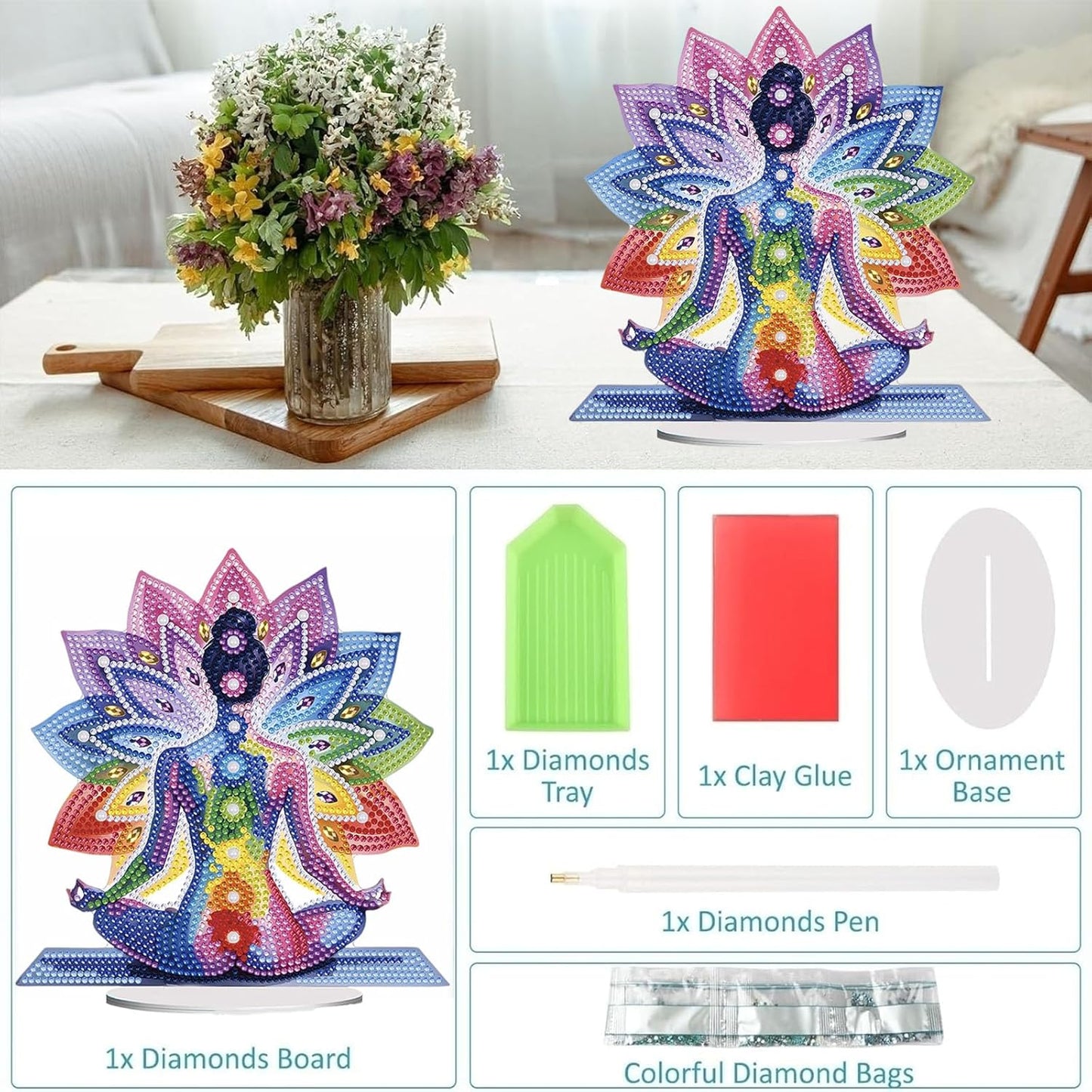 Diamond Painting Kits for Adults Beginners, 5D Full Drill Yoga Crystal Art Desktop Ornament, DIY Single Sided Home Office Desk Decor, Creative Craft Gift Set with Tools