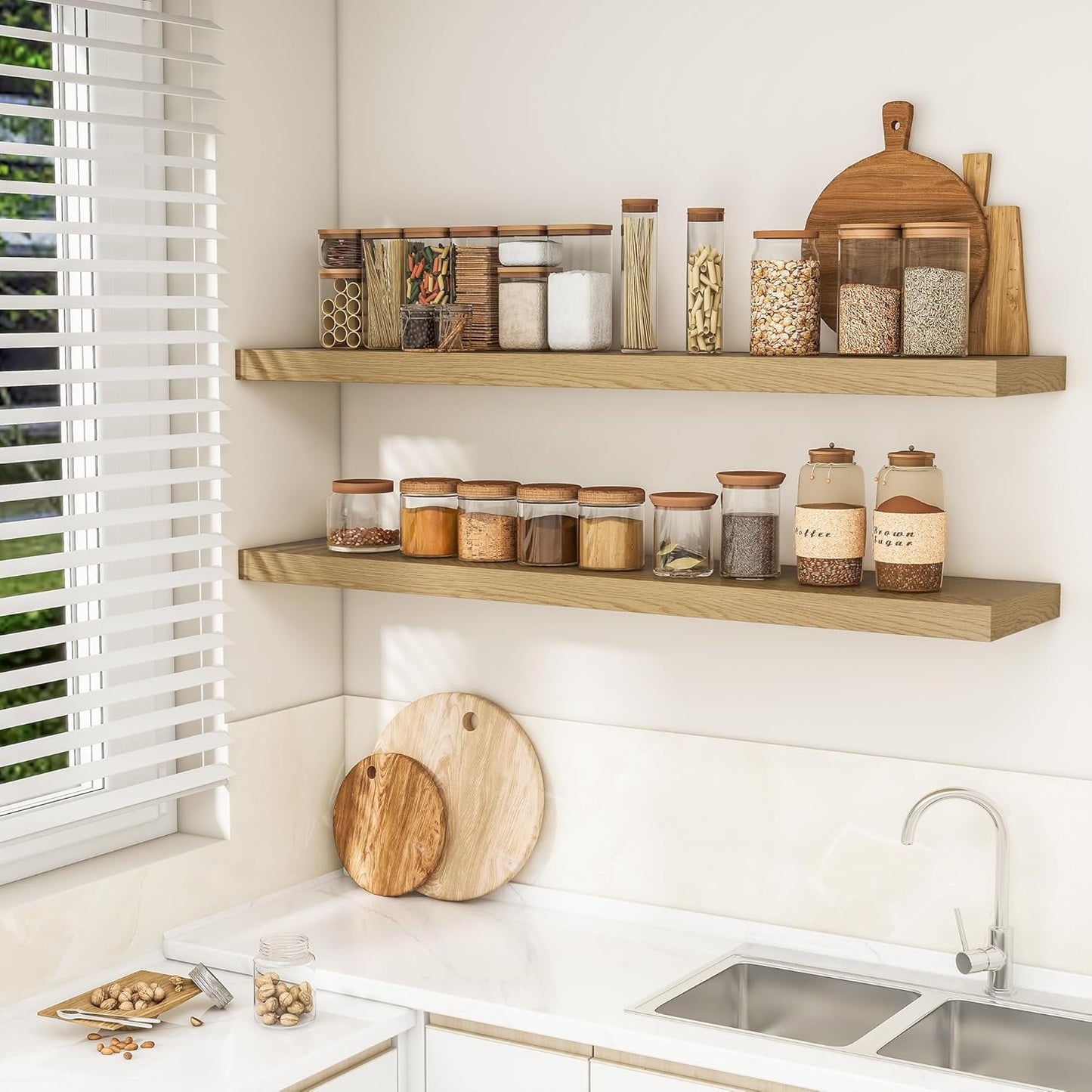 RICHFOCUS 55Inch Floating Shelves for Wall 1 Pack Shelves for Bedroom|Kitchen|Bathroom Wall Mounted Rustic Wood Floating Shelf with Invisible Brackets for Books|Storage|Decor, Oak