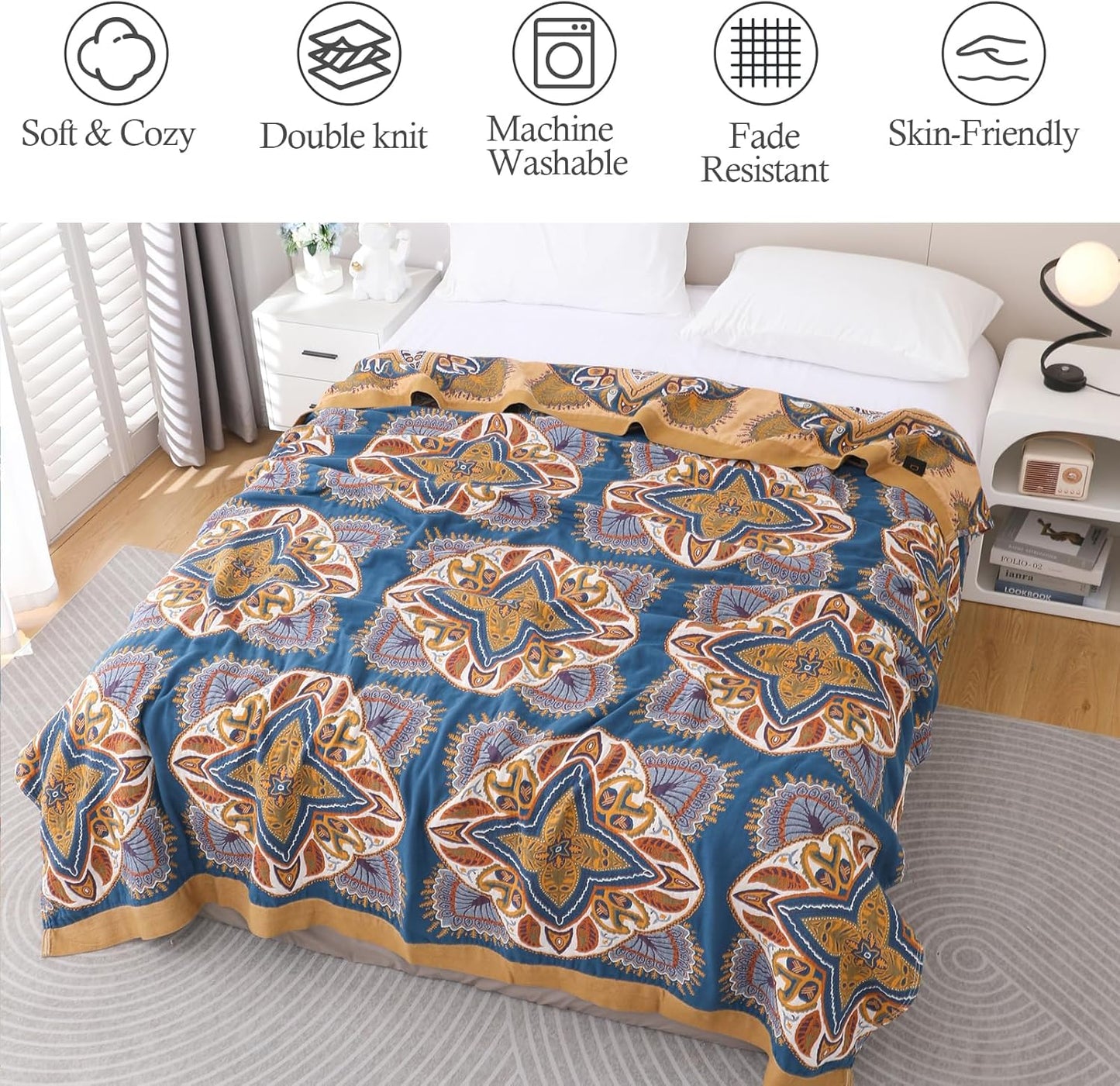 Snycler Boho Throw Blanket for Bed - 100% Cotton Ultra Soft Rustic Quilt Blanket Orange Green Printed Farmhouse Decor Bed Blankets, 80"×90" All Season Rustic Throw for Sofa Couch Chair