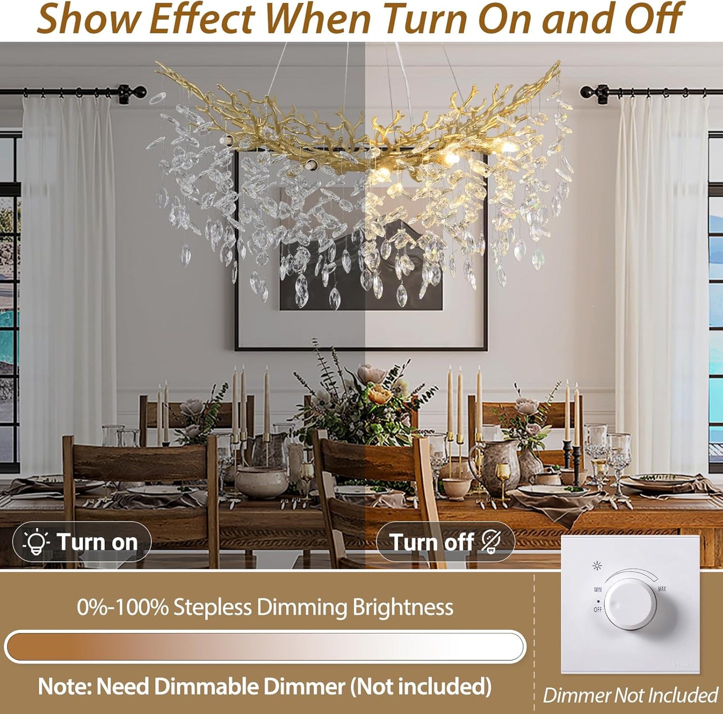 Modern Crystal Gold Chandelier, 36" Large Rectangular Oval Tree Branch Crystal Chandeliers for Dining Room,16-Light Flush Mount K9 Crystal Chandeliers, for Kitchen Island,Dining Room