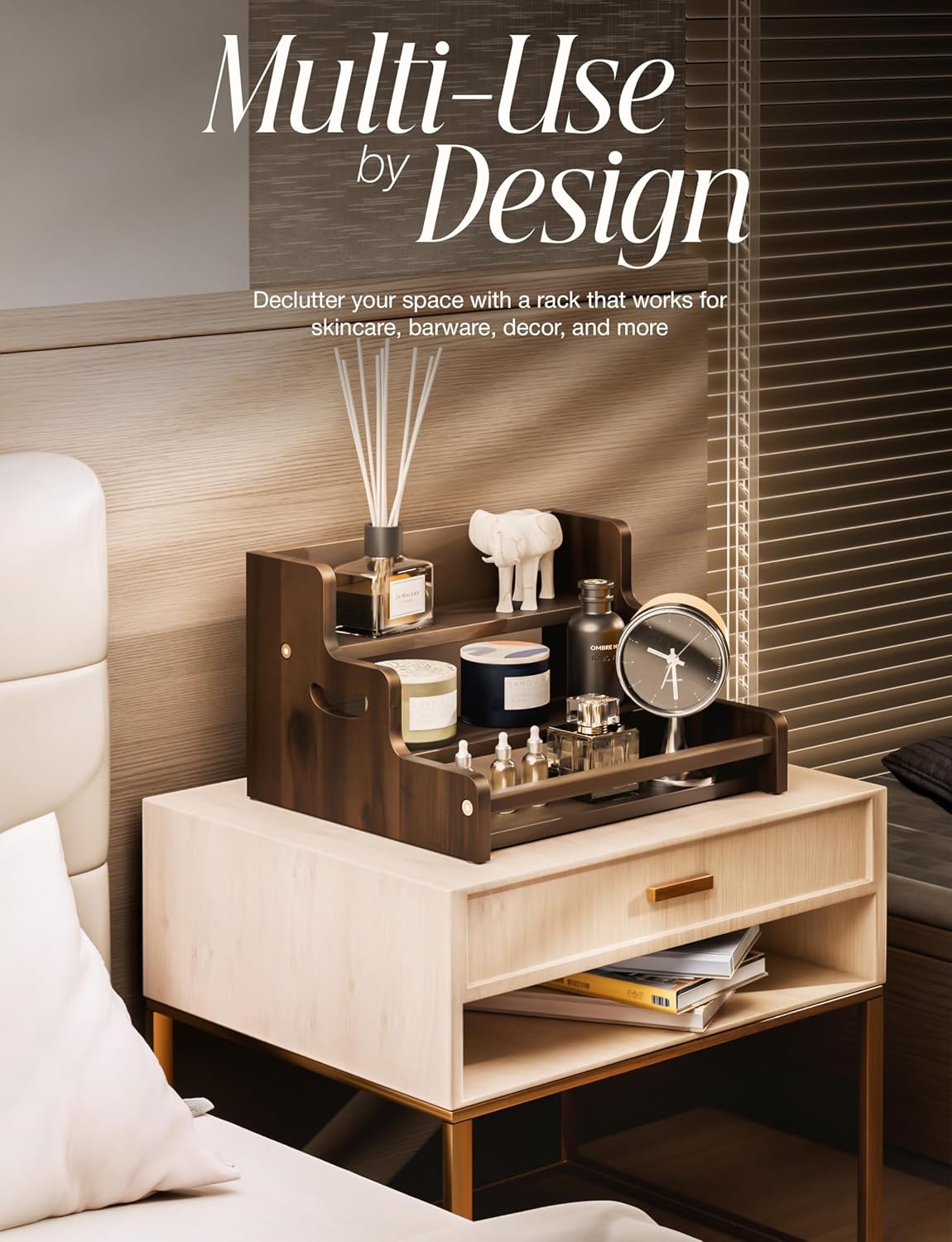 Tinamo Acacia Wood Liquor Bottle Display Shelf – 3-Tier Countertop Wine Rack, Bar Shelf – Whiskey Bar Stand for Home, Bottle Organizer for Countertop – Wine Holder with Handles (Walnut Color)