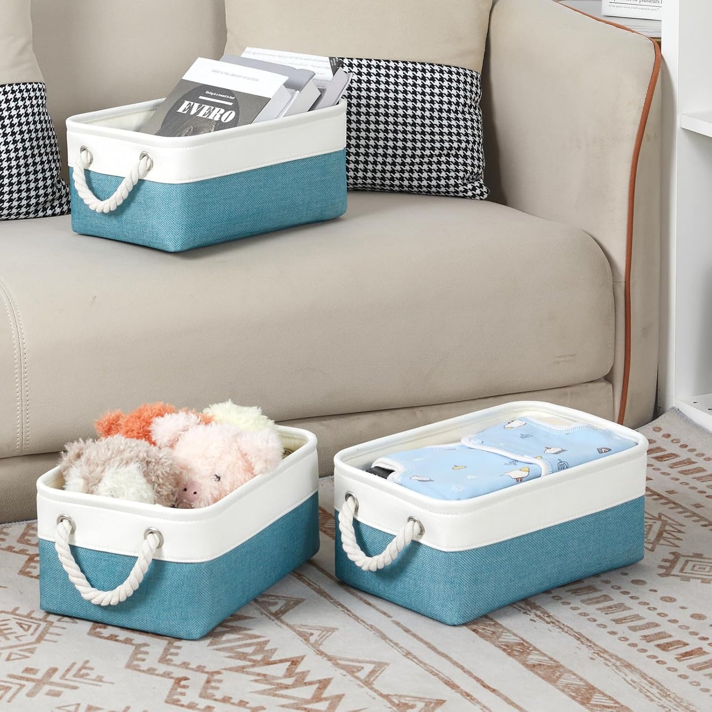 Bidtakay Small Storage Baskets for Shelves 3 Pack Fabric Storage Bins for Organizing Linen Collapsible Organizer for Closet-White&Teal