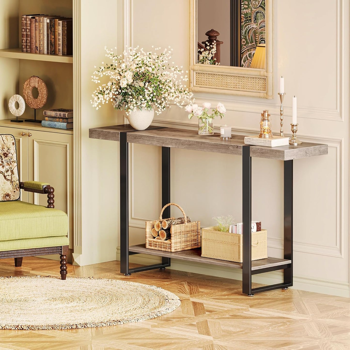 Huuger 47.2 Inch Entryway Table, 2-Tier Industrial Console Sofa Table with Storage, Accent Table, for Entry, Hallway, Entrance, Foyer, T-Shaped Metal Frame, Grey