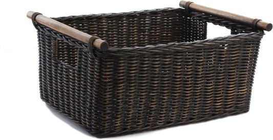 The Basket Lady Pole Handle Wicker Storage Basket, Large, 18 in L x 14.5 in W x 9 in H, Antique Walnut Brown