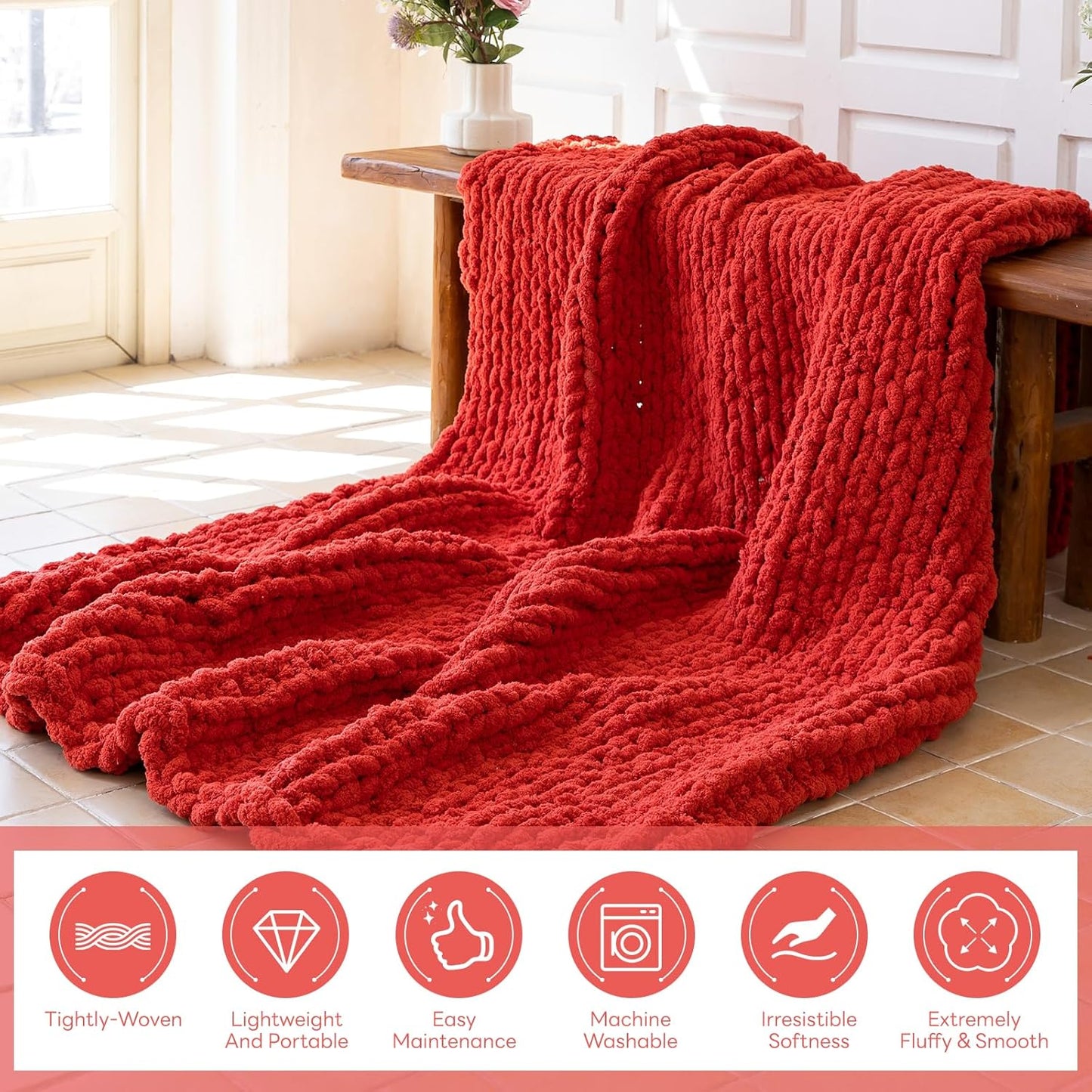 Chunky Knit Blanket - Luxury Soft Cozy 40 * 50 Throw Blanket,100% Woven Blanket Rope Knot Throw Blanket for Couch, Sofa, Home Decor, Gift - Machine Washable（Wine red）