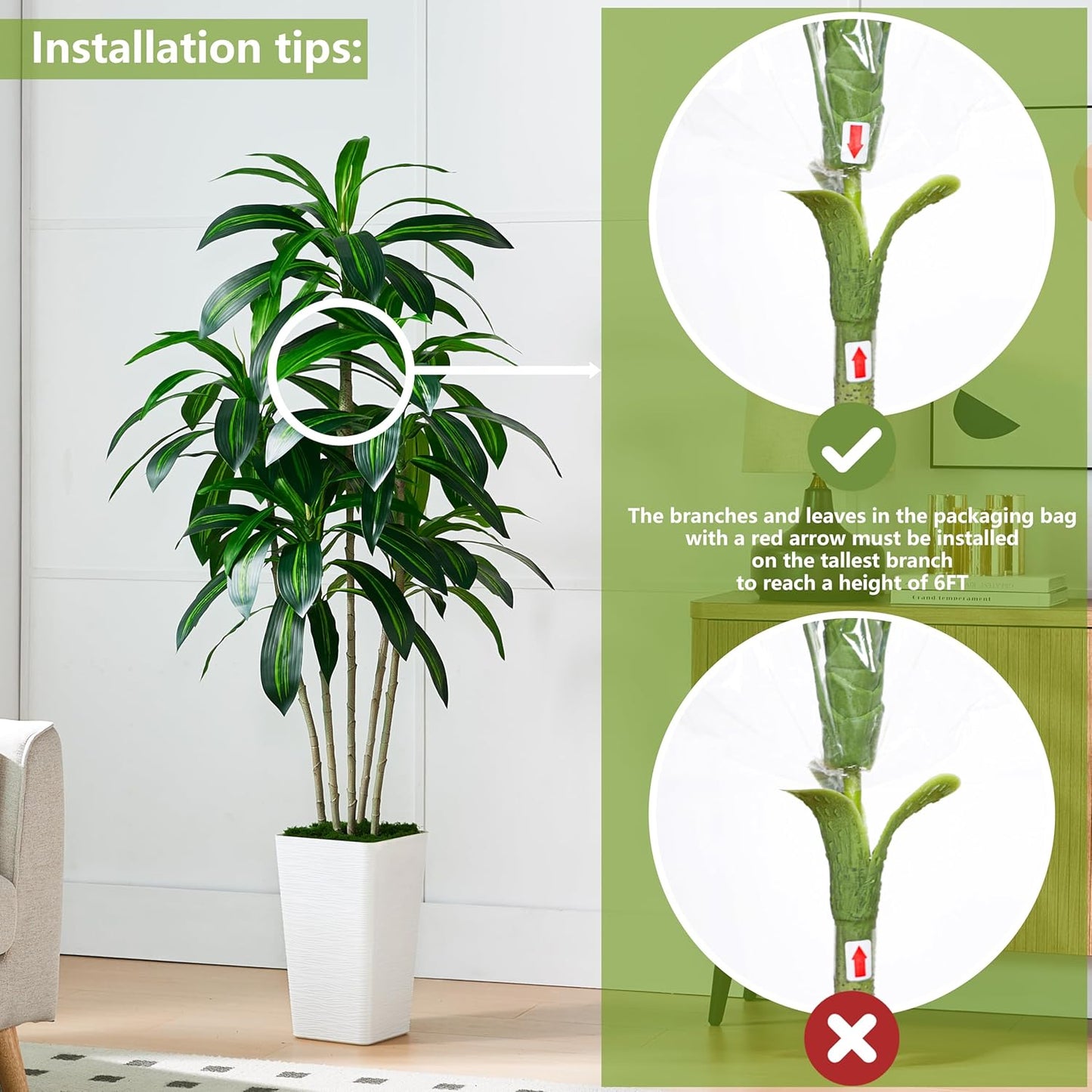 Artificial Dracaena Tree Artificial Silk Tree Faux Tree with White Tall Planter Fake Tropical Yucca Floor Plant (1, White Tall Planter, 6 FT)