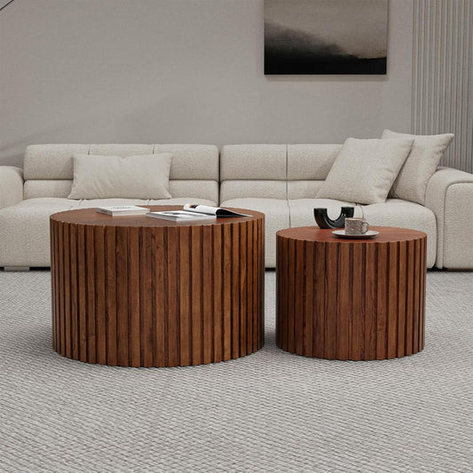 Round Nesting Coffee Table Set of 2 Modern Round Walnut Coffee Table Small Circular End Table Side Table Coffee Tables Circle Nested Coffee Tables for Living Room (Brown Small)