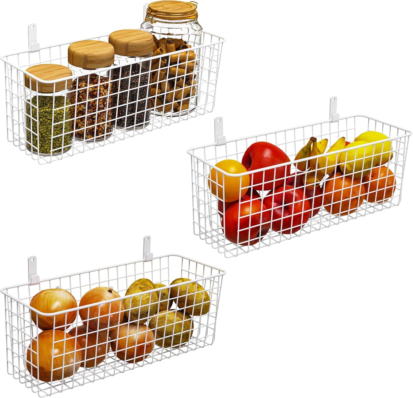 Joben Oligey 3 Set [Extra Large] Hanging Wall Wire Baskets, Farmhouse Food Storage Kitchen Pantry Laundry Closet Garage RV, White
