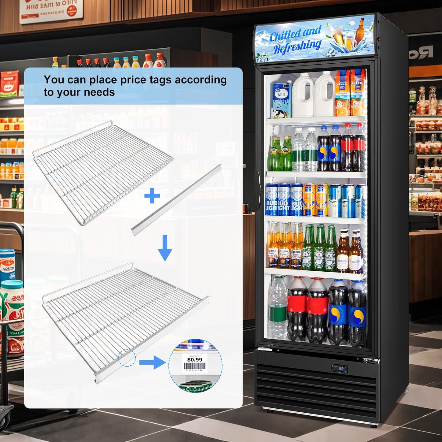 Commercial Beverage Refrigerator, 24 Inch Beverage Fridge, 15 Cu. Ft. Drink Fridge, Display Refrigerator Glass Door, Commercial Display Fridge with Customizable Light Box for Shops, Restaurants, Bars