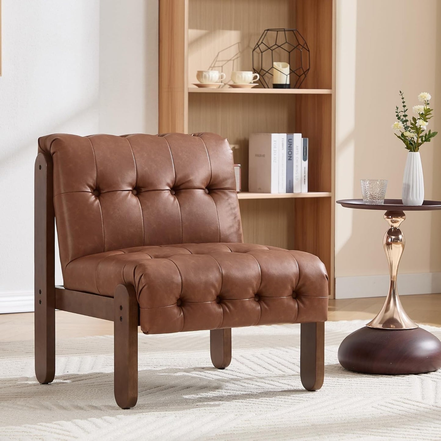 Modern Armless Accent Chair Set of 2 for Living Room, Brown PU Leather Button Tufted Upholstered Lounge Reading Chair with Walnut Wood Frame