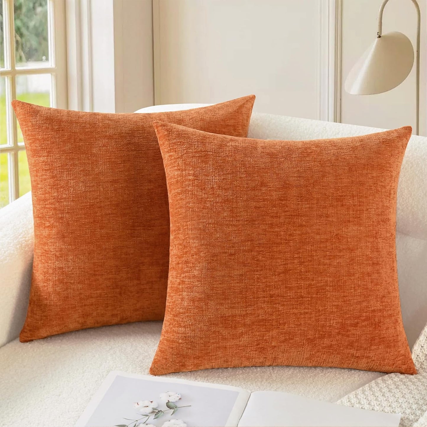CaliTime Fall Throw Pillow Covers Decorative 24 X 24 Inches Pack of 2 Cozy Chenille Cushion Cases for Couch Sofa Bed Living Room Home Burnt Orange