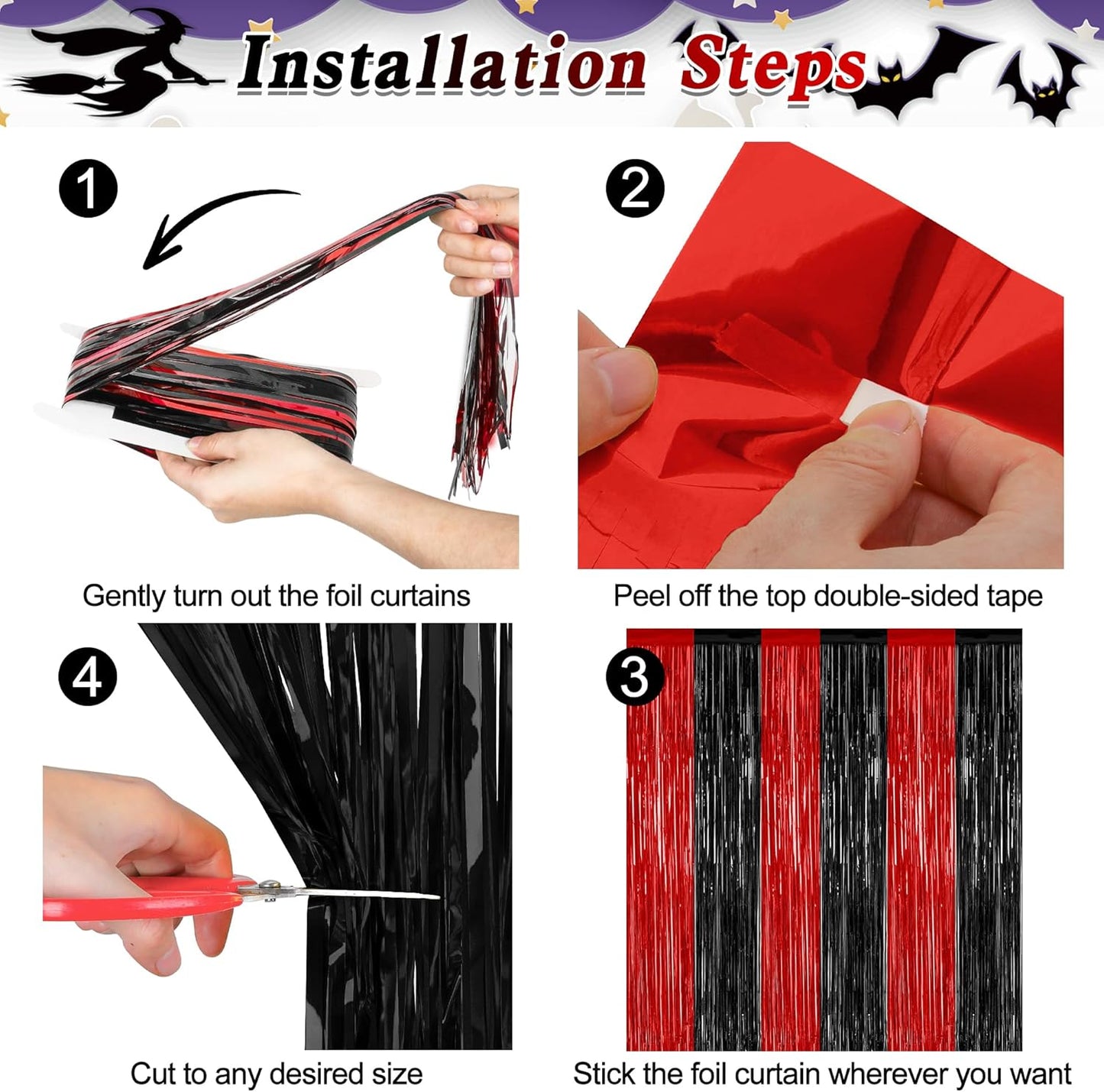 2 Pack Backdrop Curtains, 3.28 FT x 7.05 FT Black and Red Party Decor, Metallic Party Streamer Tinsel Foil Fringe Curtains, Foil Curtains Backdrop Halloween Decorations Party Supplies