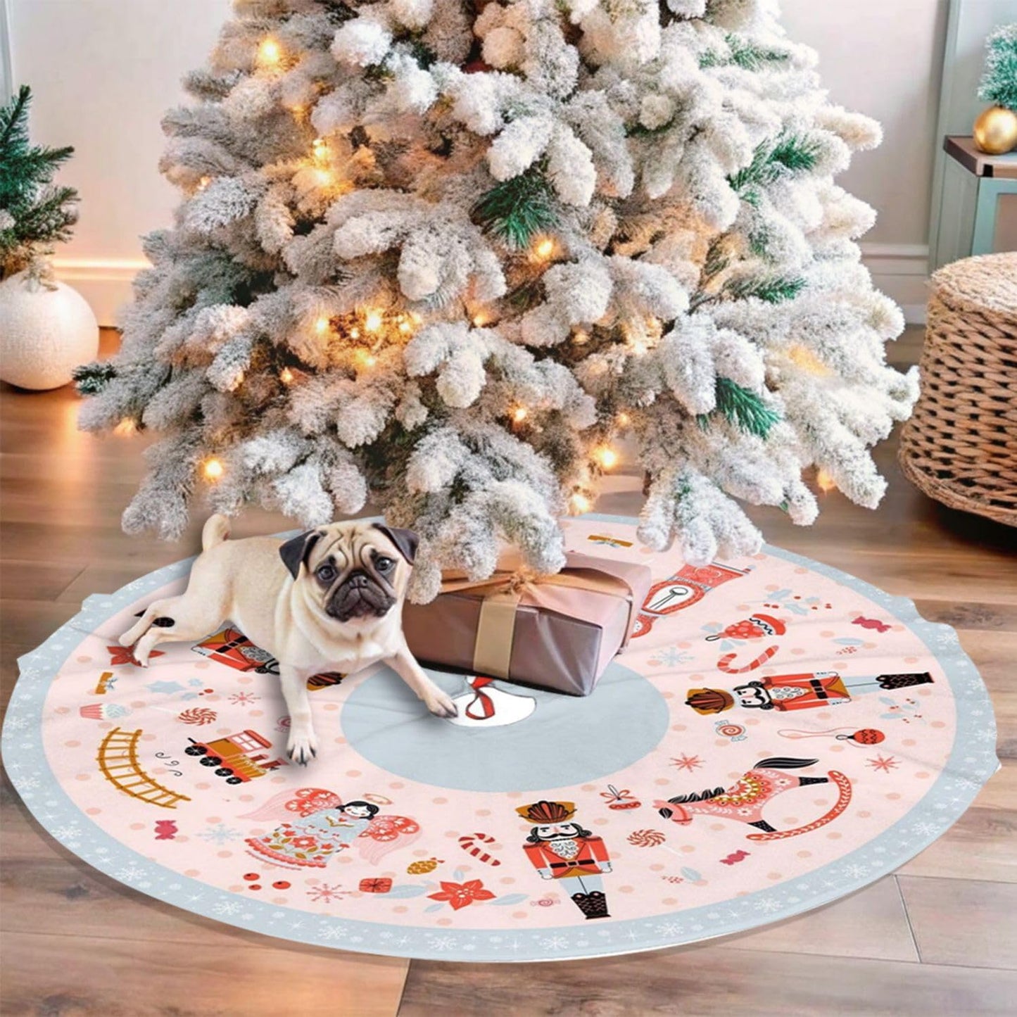 36" Large Christmas Tree Skirt, Nutcracker Candy Pattern Tree Mat Base Cover for Xmas Festive Holiday Party Decoration Ornaments