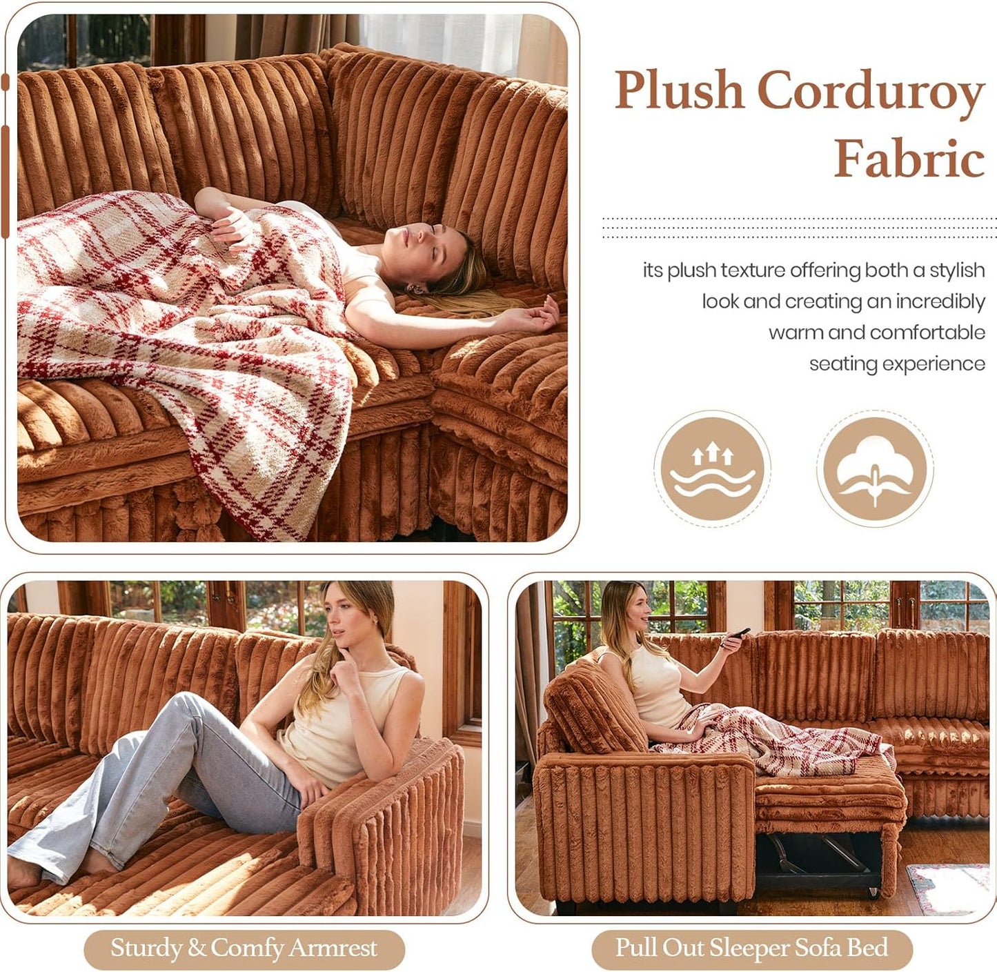 Belffin Modular Sectional Sleeper Sofa with Pull Out Couch Bed Corduroy Double Chaise with Storage Brick Red Couch