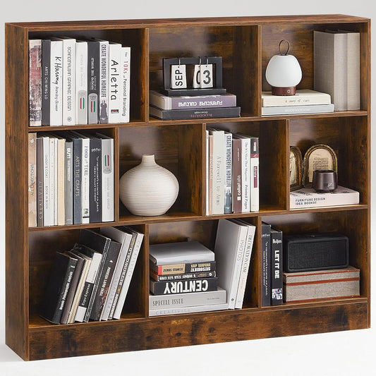 LEYAOYAO 10 Cube Bookshelf with Base,3 Tier Mid-Century Modern Grey Bookcase,Standing Wide Bookshelves Storage Organizer Shelf,Rustic Wood Display Cabinet Book Shelves for Bedroom,Living Room,Office