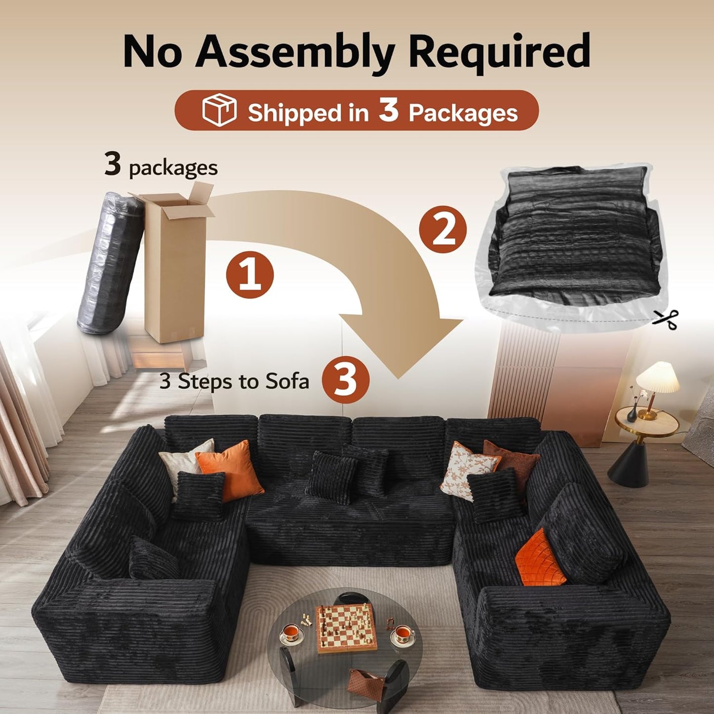 ovios Sectional Cloud Couch for Living Room, Modular Floor Sofa with Plush Corduroy, No Assembly Required, Big Comfy Couches Set with Fluffy Memory Foam, Stupendous U Shaped Sofas with Chaise, Beige