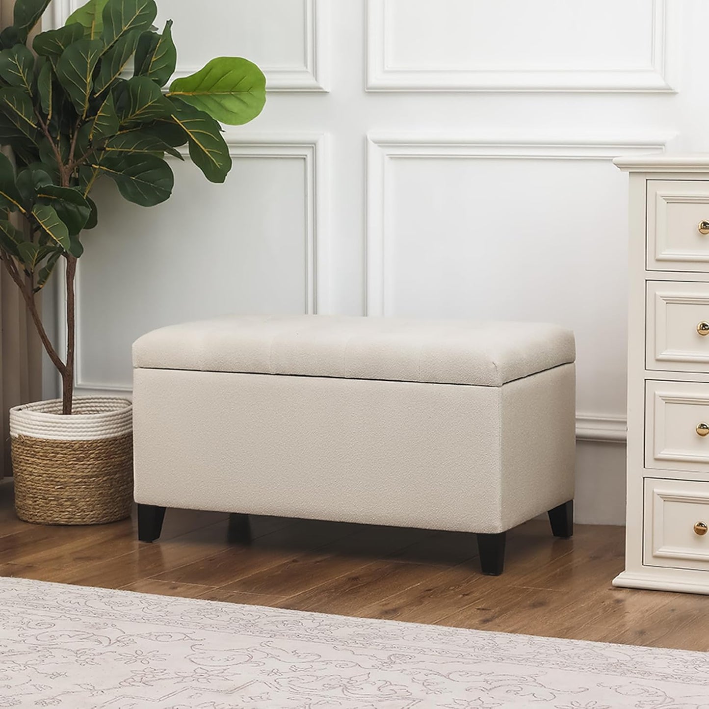 Asense Storage Ottoman Bench, Tufted Fabric Upholstered End of Bed Bench with Safety Hinge Wooden Legs, for Entryway Bedroom (Cotton and Linen Beige, 33.3")