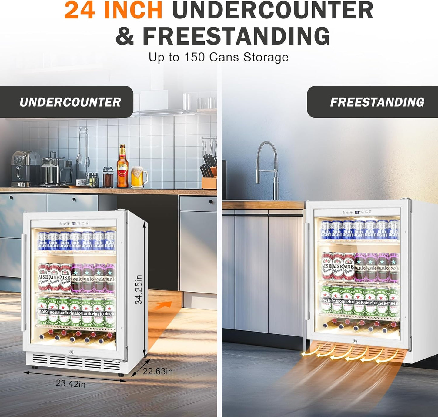 Beverage Refrigerator 24 Inch Drink Fridge, Beer Fridge, 150 Cans Beverage Cooler, Under Counter Refrigerator, Drink Cooler Undercounter Outdoor Refrigerators, Single Glass Door Bar Fridge