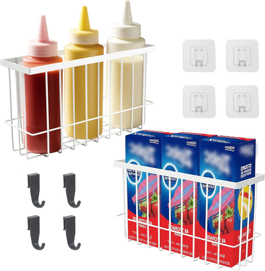 Magnetic Basket for Fridge, Magnetic Fridge Basket, Foil and Plastic Wrap Organizer with 4 hooks, Laundry Room Organization for Dryer Ball, Cling Film, Mail, Umbrella, White, 2 Pack