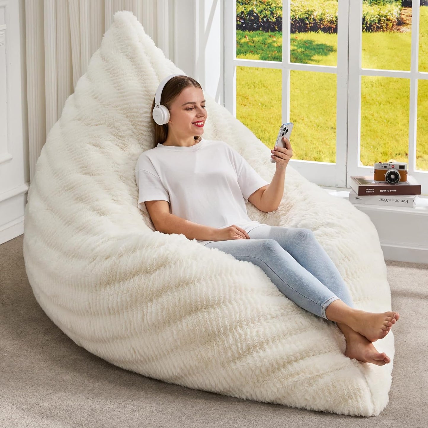 Hobestluk 3 in 1 Bean Bag Chair Giant Bean Bag Chairs for Adults with Ripple Cover Convertible Bean Bag Floor Cushion with Machine Washable Cover for Living Room (Ripple White)