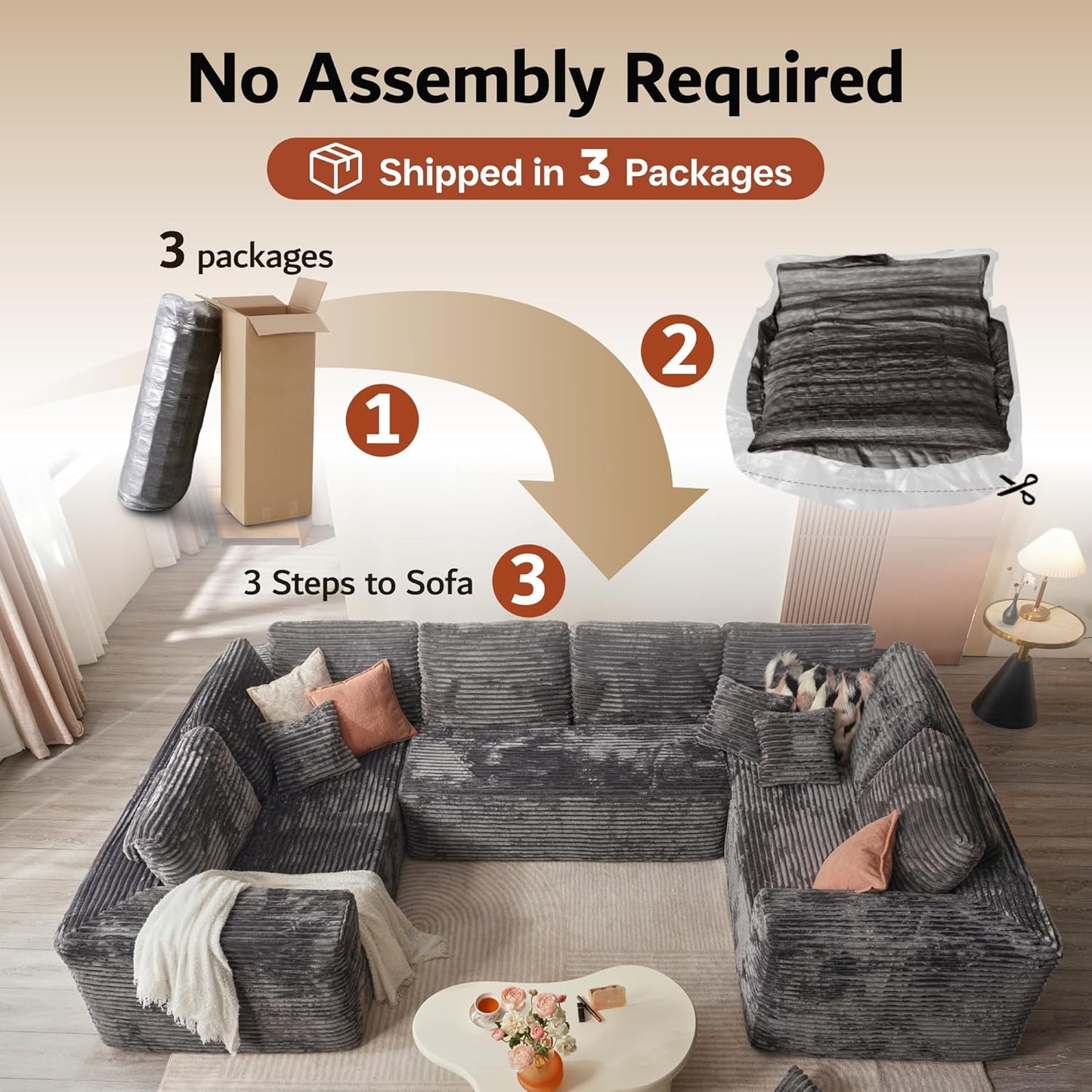 ovios Sectional Cloud Couch for Living Room, Modular Floor Sofa with Plush Corduroy, No Assembly Required, Big Comfy Couches Set with Fluffy Memory Foam, Stupendous U Shaped Sofas with Chaise, Black