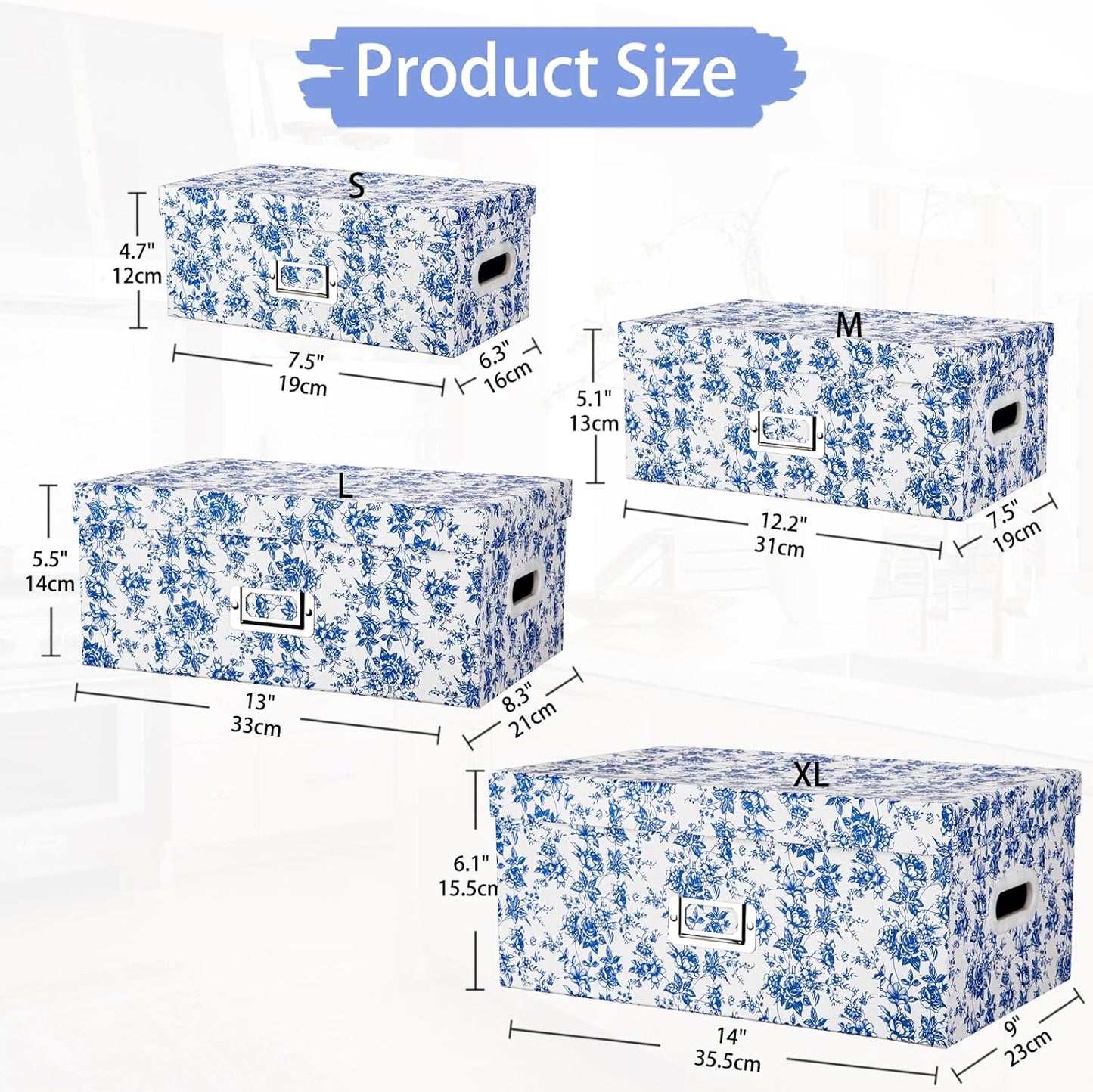 Briful Set of 4 Blue and White Storage Boxes with Lids – Photo Boxes Elegant Floral Nesting Organizer Bins, 14''/13''/12.2''/7.5'' Set Decorative Cardboard Gift Boxes for Home or Office Use