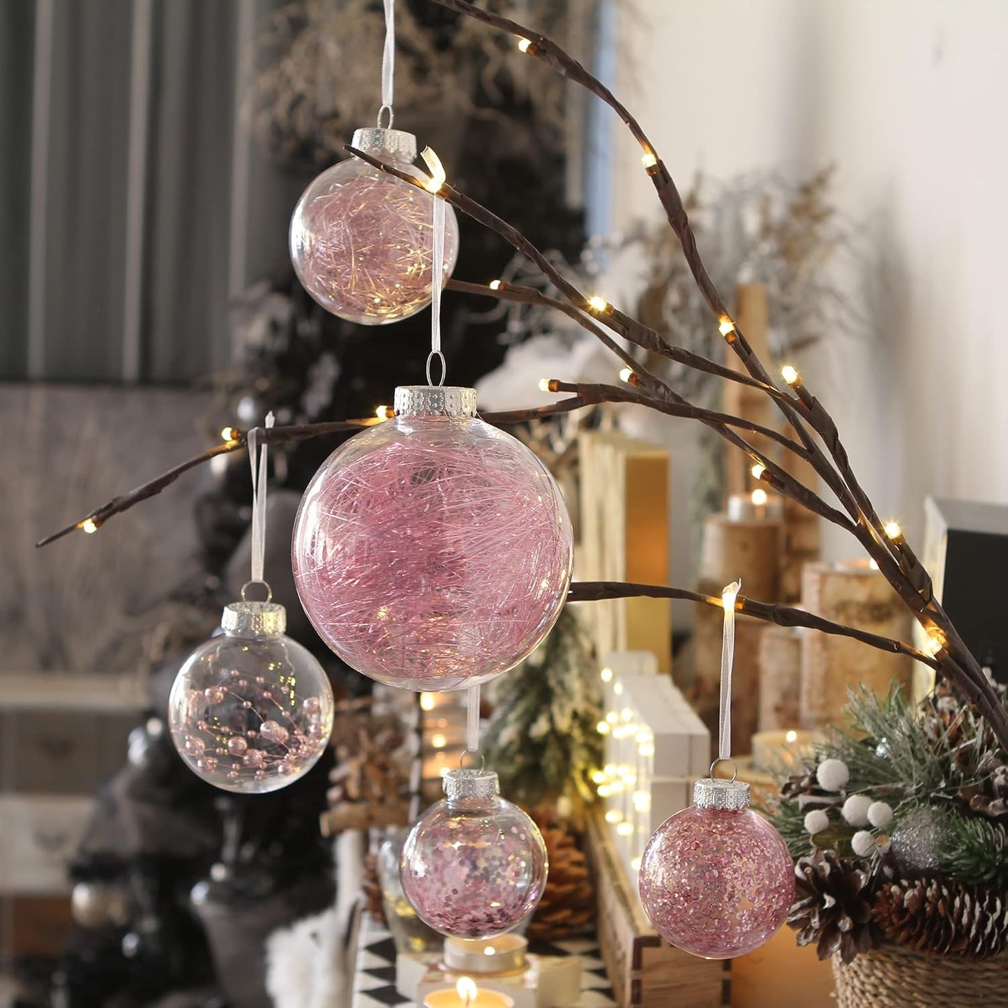 Sea Team Christmas Baubles Set, Shatterproof Clear Plastic Christmas Baubles Multi-Size Decorative Baubles with Stuffed Delicate Decorations (25 Pieces, Pink)