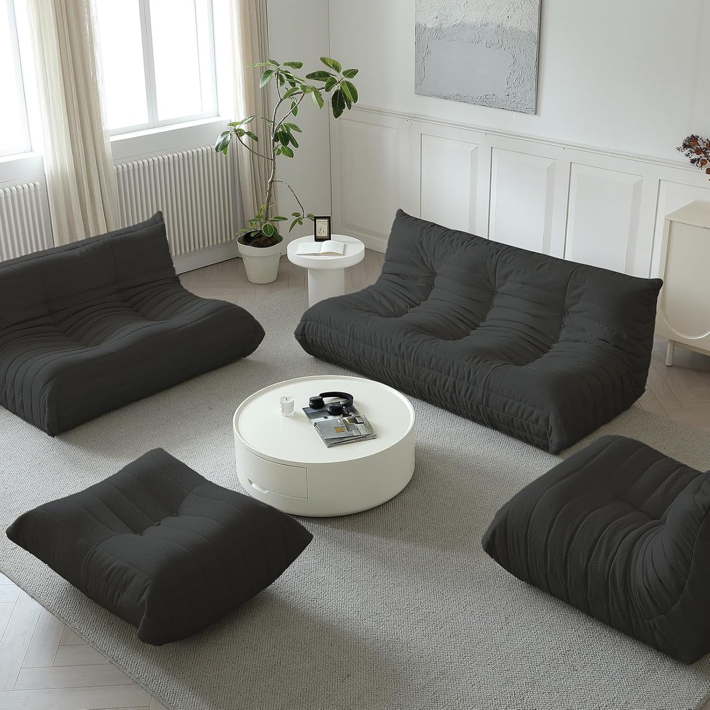 Luxury Sofa Couch Chair, Lazy Floor Seating, Fireside Bean Bag Chair, Ergonomic Tatami Sofa Lounger for Living Room, Bedroom, Office, Single Seat, Black