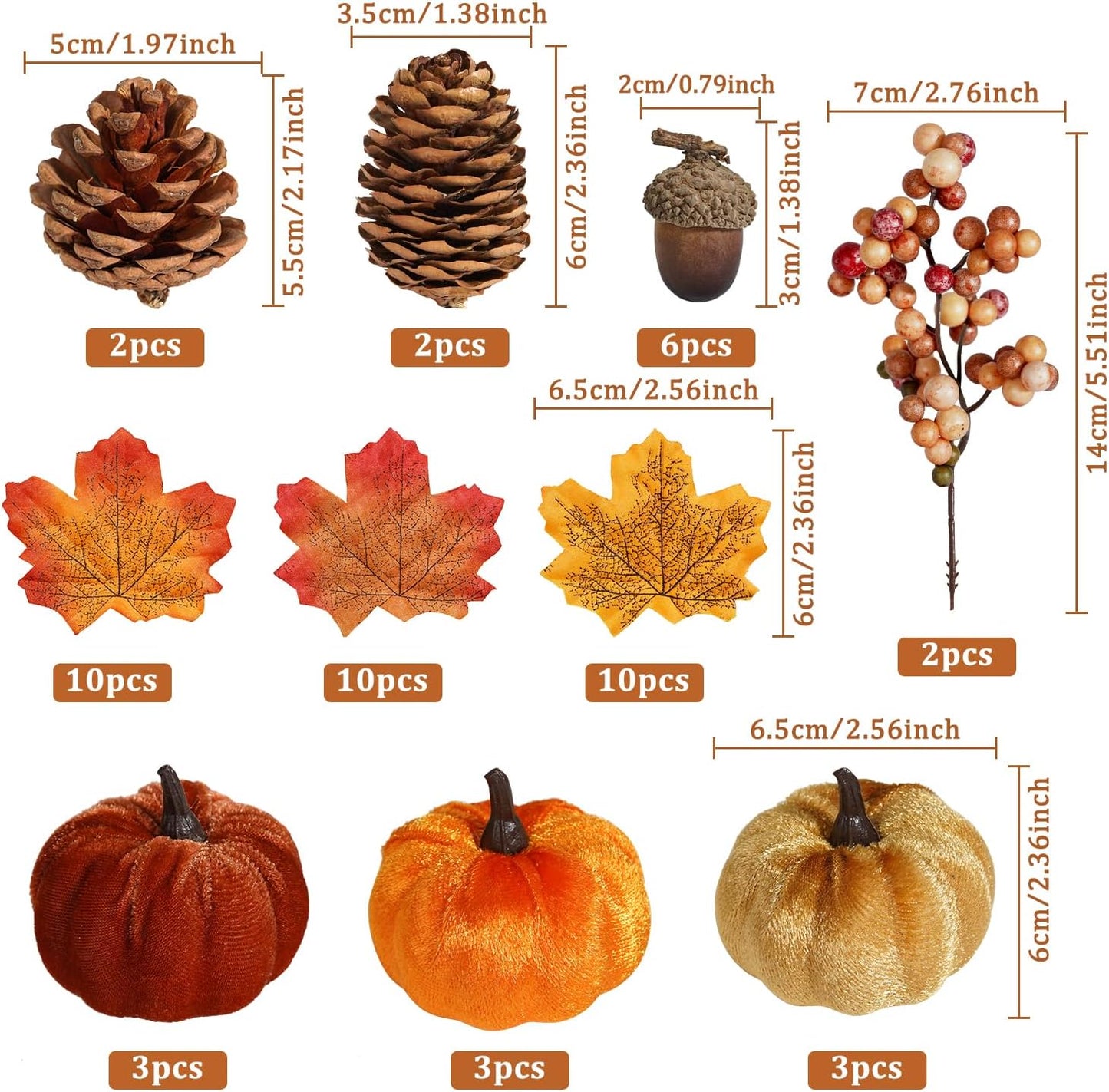 Artmag 51 PCS Artificial Fabric Pumpkins, Fall Harvest Decorations with Acorns, Pinecones, Berries, Maple Leaves for Fall Thansgiving Halloween Decoration