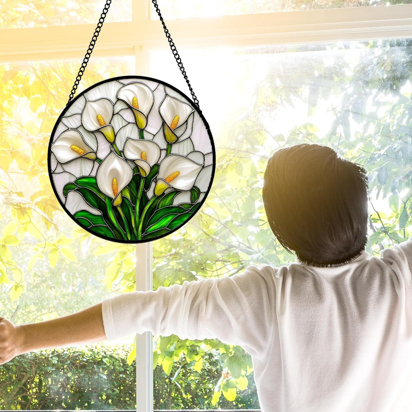 Stained Glass Window Hanging, White Calla Lily Suncatcher Diamond Glass Panel Hangings Flowers Sun Catchers Decor for Birthday for Women, Men, Wife, Aunt, and Mom 6.3 in