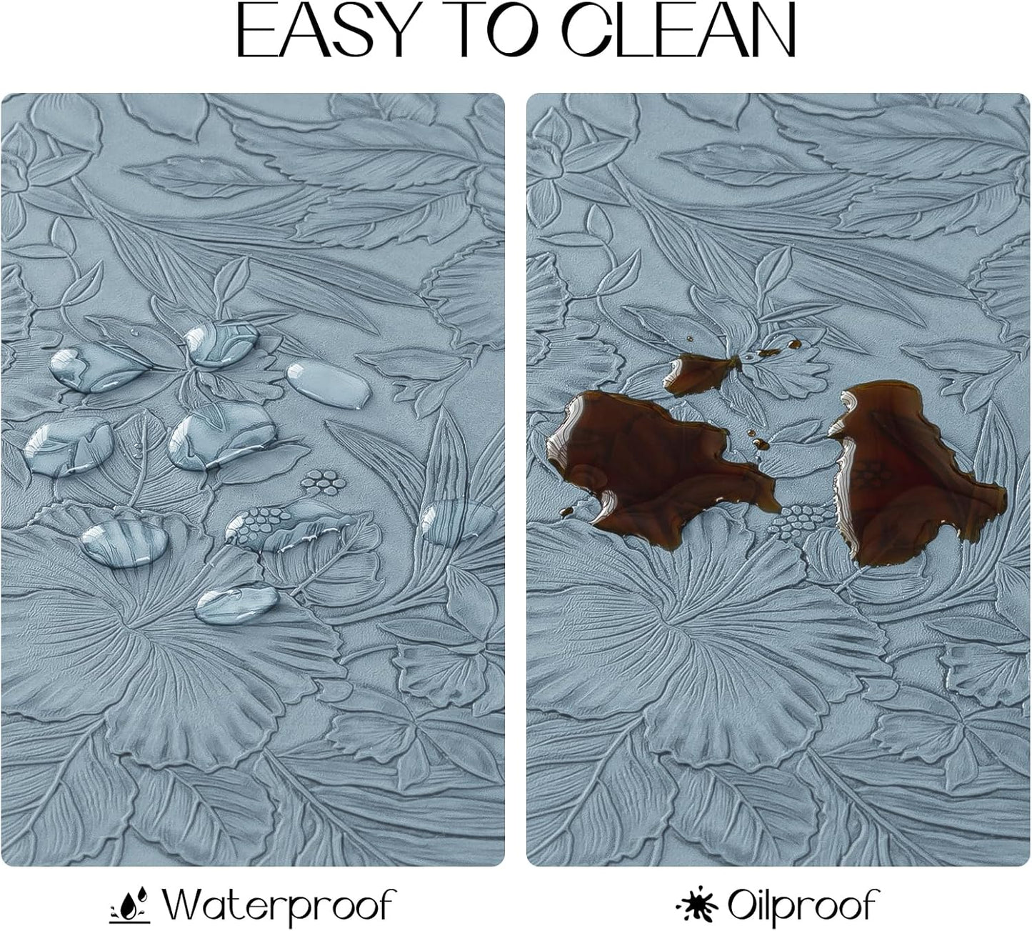 Romanstile Vinyl Placemats Set of 6-12 X 18 Inch - Heat Resistant Non-Slip Embossed Floral Place Mats 100% Waterproof Oilproof Wipeable Faux Leather Table Mats for Kitchen/Dining/Party, SkyBlue