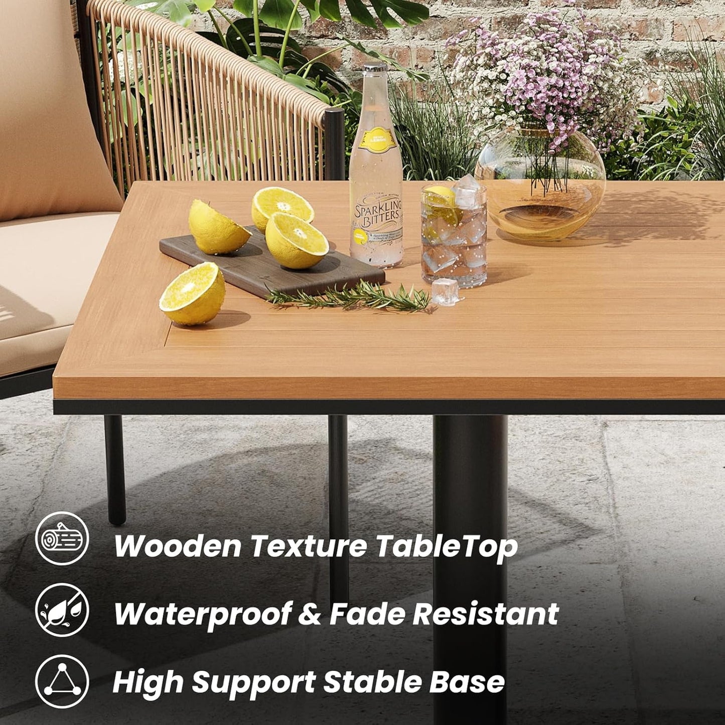 Soohow 5 Pieces Outdoor Dining Set for 4, Patio Table and Chairs Set 4 X Rattan Wicker Patio Chair with Cushions and 1 X Outdoor Table Plastic Wooden Top for Lawn, Deck Backyard, Poolside